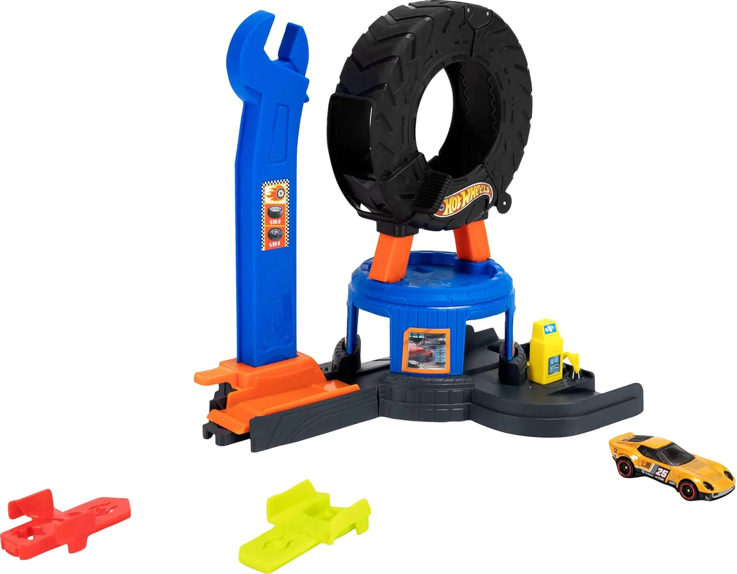 Hot Wheels Spielzeugauto-Trackset, City Downtown Reifenwerkstatt und Die-Cast-Abschleppwagen im Maßstab 1:64, multidirektionales Spielen, mit dem Track-Schnellstecksystem kompatibel, JHL75 - Image 3
