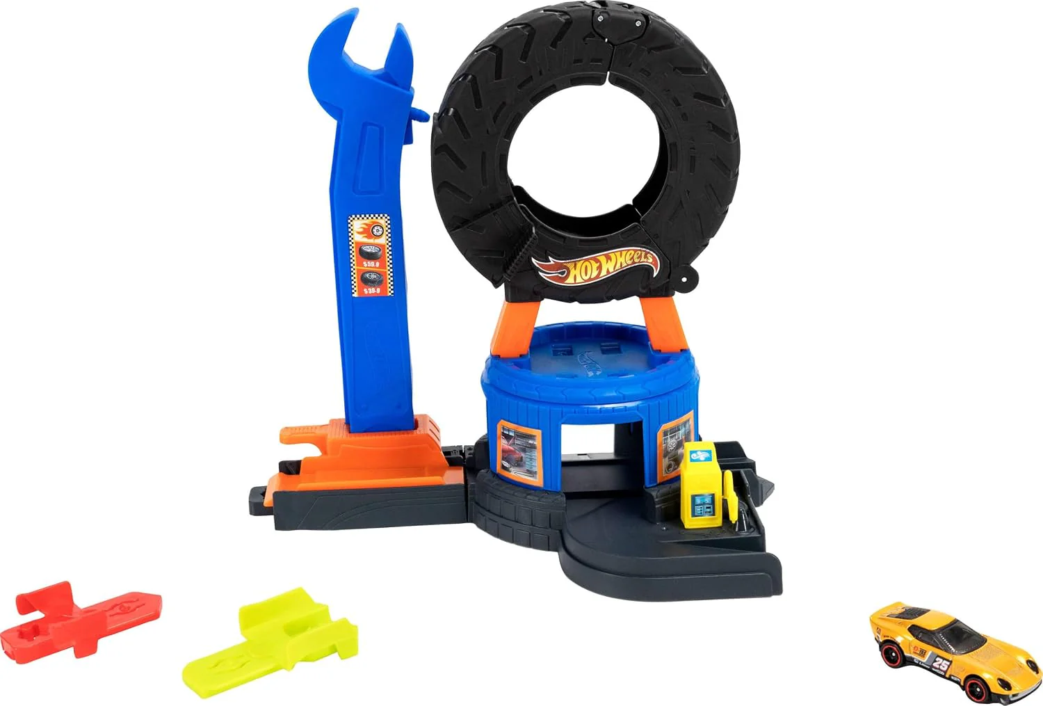 Hot Wheels Spielzeugauto-Trackset, City Downtown Reifenwerkstatt und Die-Cast-Abschleppwagen im Maßstab 1:64, multidirektionales Spielen, mit dem Track-Schnellstecksystem kompatibel, JHL75 - Image 5