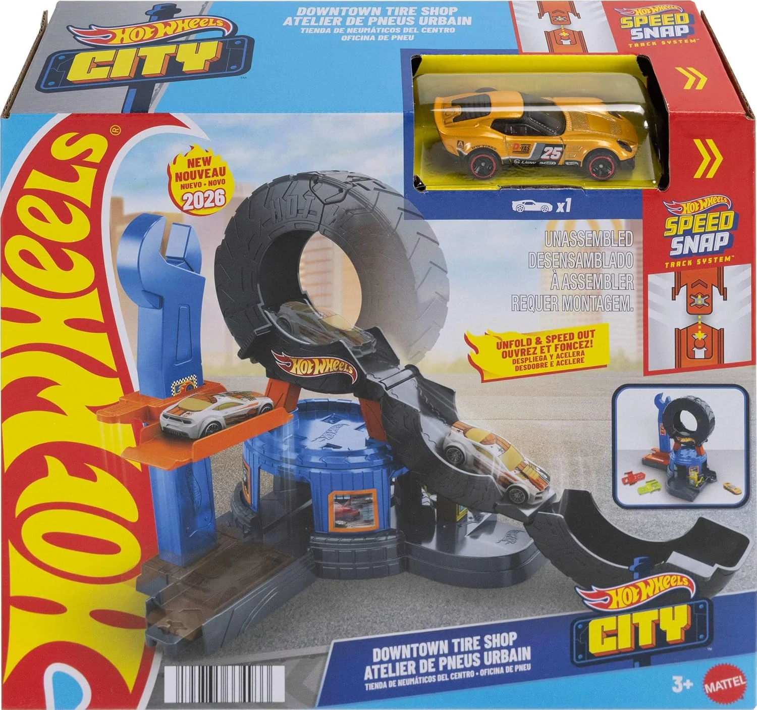 Hot Wheels Spielzeugauto-Trackset, City Downtown Reifenwerkstatt und Die-Cast-Abschleppwagen im Maßstab 1:64, multidirektionales Spielen, mit dem Track-Schnellstecksystem kompatibel, JHL75 - Image 6
