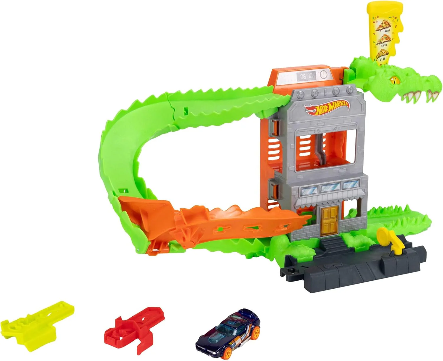 Hot Wheels Spielzeugauto-Trackset, Kroko-Pizza-Attacke Spielset mit Fahrzeug im Maßstab 1:64, die Strecke entlangrasen, um das Krokodil zu besiegen und Nicht als Seine Mahlzeit zu Enden, JHL93 - Image 3