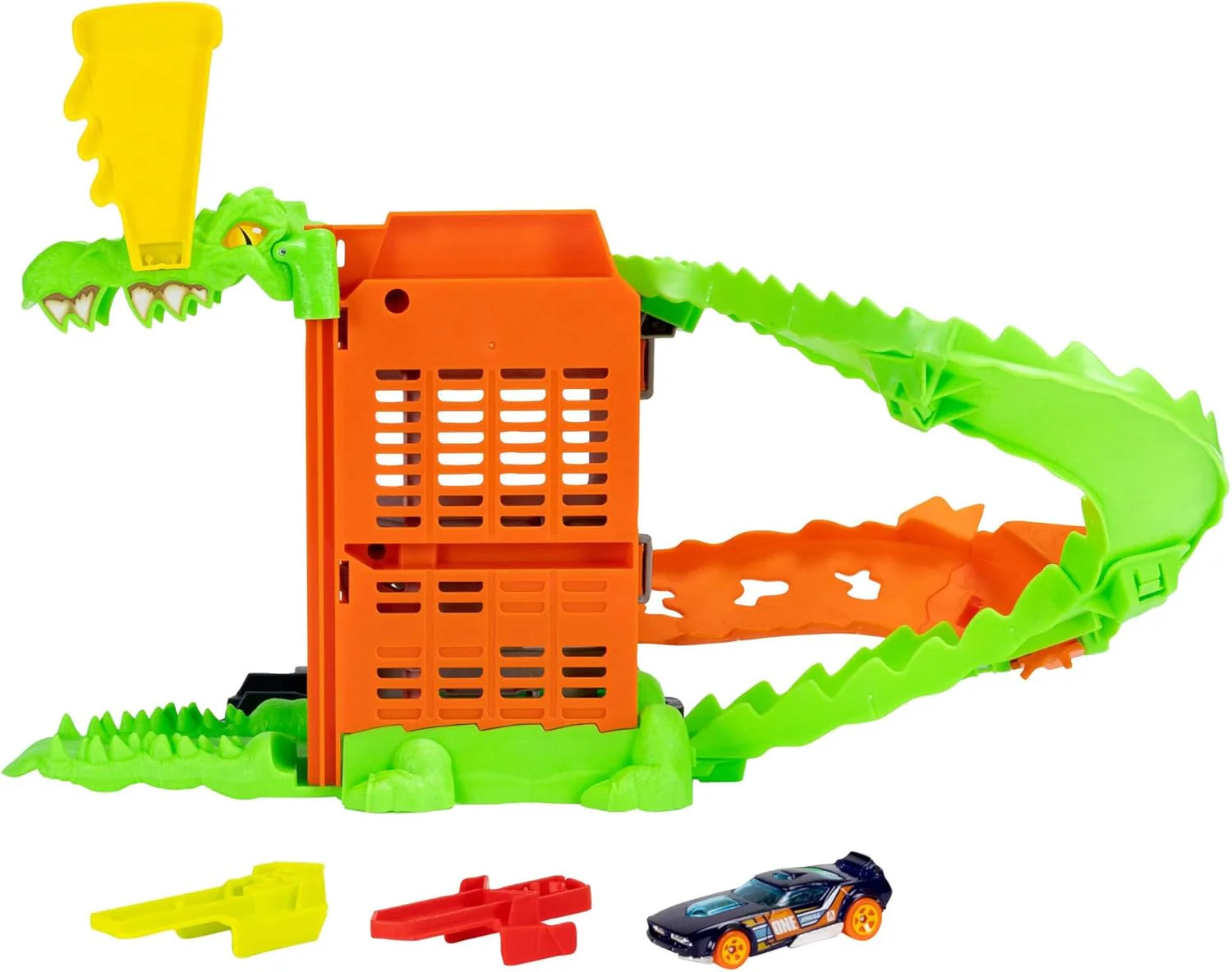 Hot Wheels Spielzeugauto-Trackset, Kroko-Pizza-Attacke Spielset mit Fahrzeug im Maßstab 1:64, die Strecke entlangrasen, um das Krokodil zu besiegen und Nicht als Seine Mahlzeit zu Enden, JHL93 - Image 4