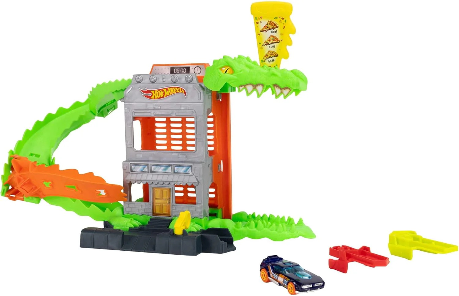 Hot Wheels Spielzeugauto-Trackset, Kroko-Pizza-Attacke Spielset mit Fahrzeug im Maßstab 1:64, die Strecke entlangrasen, um das Krokodil zu besiegen und Nicht als Seine Mahlzeit zu Enden, JHL93 - Image 5