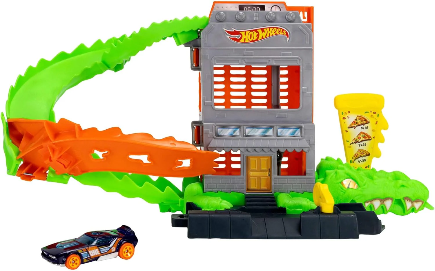 Hot Wheels Spielzeugauto-Trackset, Kroko-Pizza-Attacke Spielset mit Fahrzeug im Maßstab 1:64, die Strecke entlangrasen, um das Krokodil zu besiegen und Nicht als Seine Mahlzeit zu Enden, JHL93 - Image 6