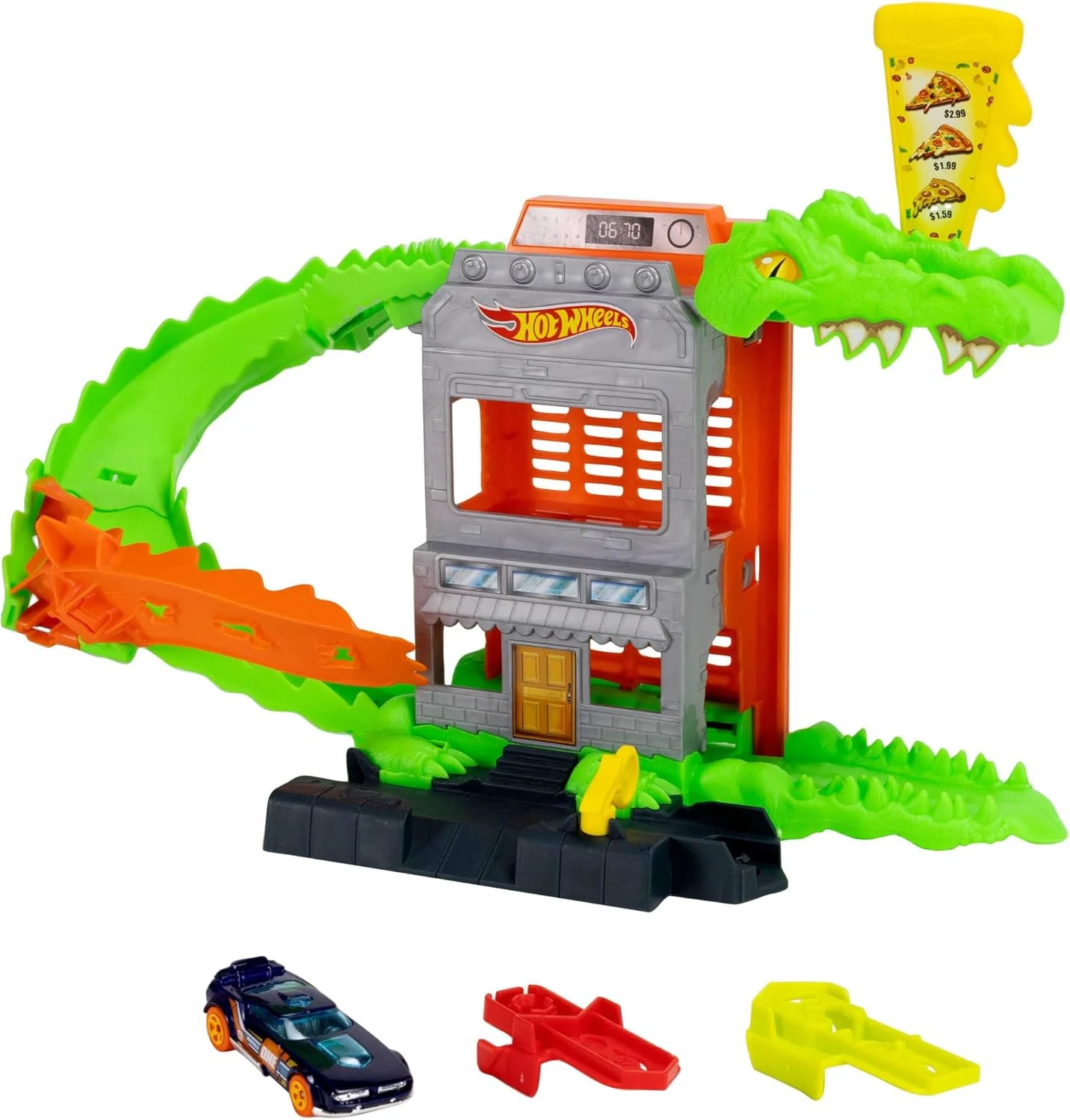 Hot Wheels Spielzeugauto-Trackset, Kroko-Pizza-Attacke Spielset mit Fahrzeug im Maßstab 1:64, die Strecke entlangrasen, um das Krokodil zu besiegen und Nicht als Seine Mahlzeit zu Enden, JHL93 - Image 7