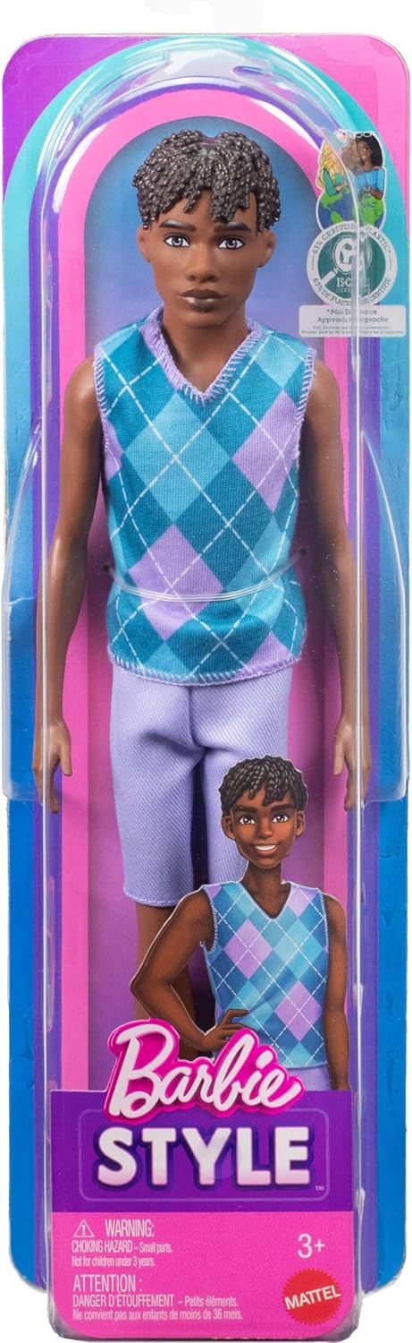 Barbie Fashionistas Style Ken Doll #253 with Brown Hair, Wearing Lavendar Shorts with Turquoise and Lavender Argyle Shirt, White Shoes, JJN67 - Image 3