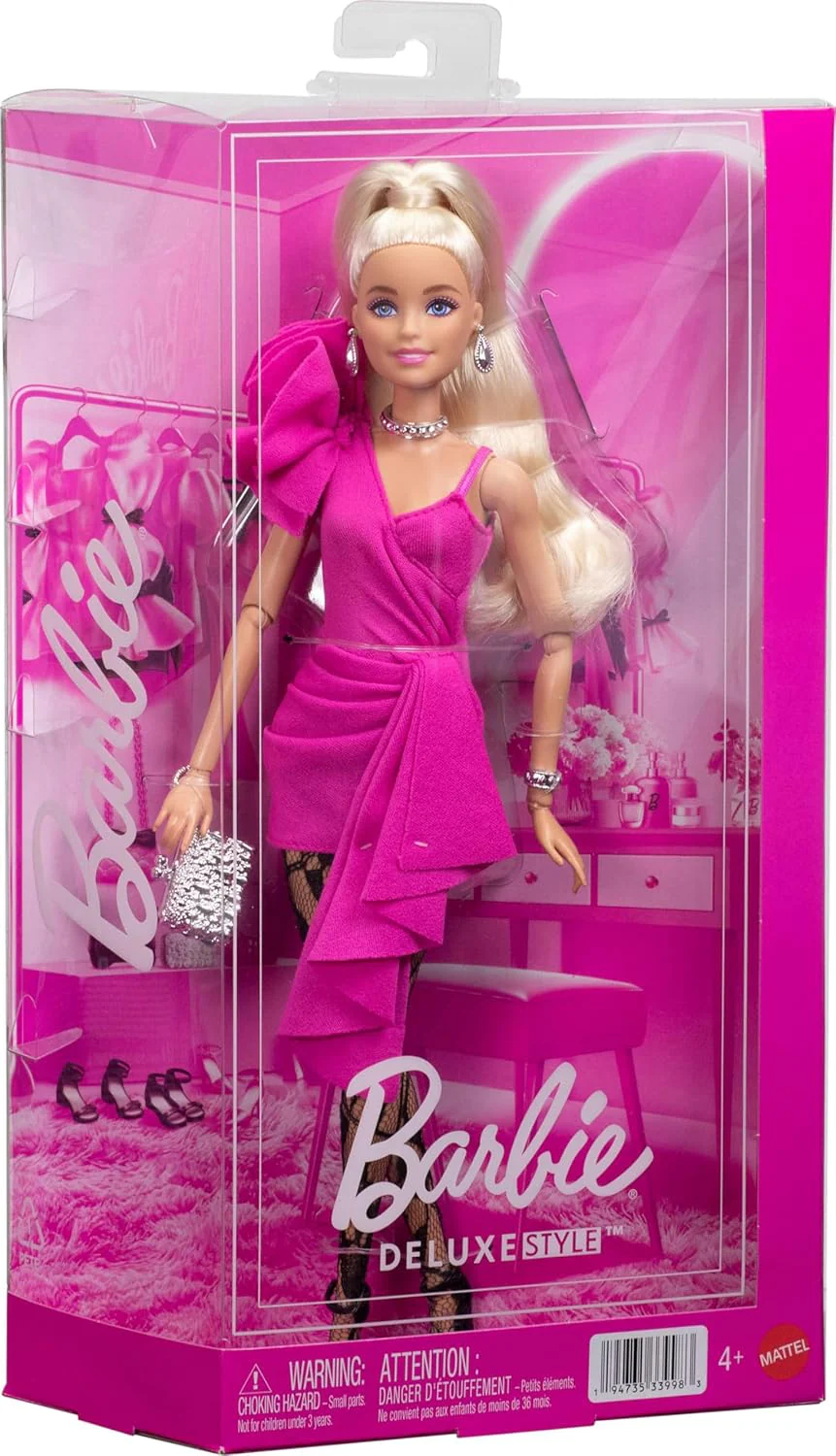 Barbie Deluxe Style Doll #15 in Hot Pink Barbiecore Dress, Blonde High Ponytail, Black Lace Tights, Silver Clutch, and Silver Jewelry, JJN73 - Image 5