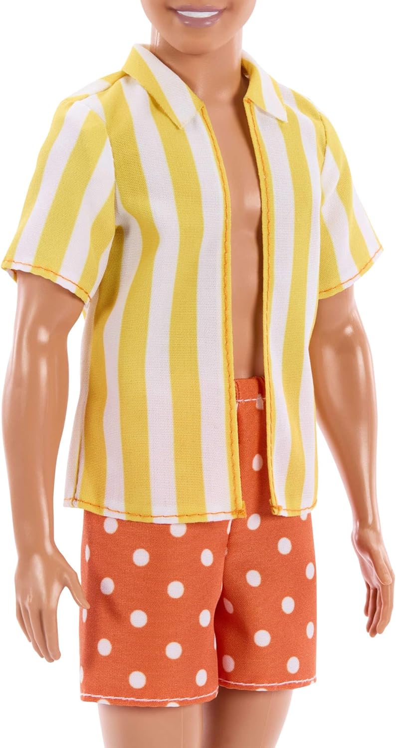 Barbie Fashionistas Style Ken Doll #252 with Blond Hair, Wearing Orange and Yellow Polka-Dot Board Shorts with Yellow and White Striped Shirt, Orange Shoes, JJN66 - Image 6
