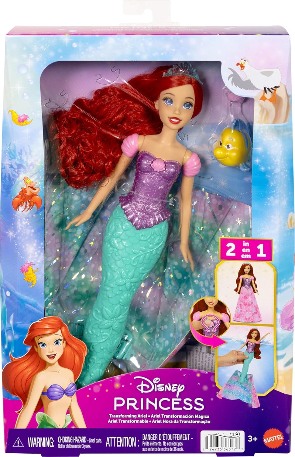 Mattel Disney Princess Arielle-Modepuppe, Verwandlung von Mensch zu Meerjungfrau mit Fabius-Figur und 2 Diademen, vom Film inspiriert, JLK19 - Image 2