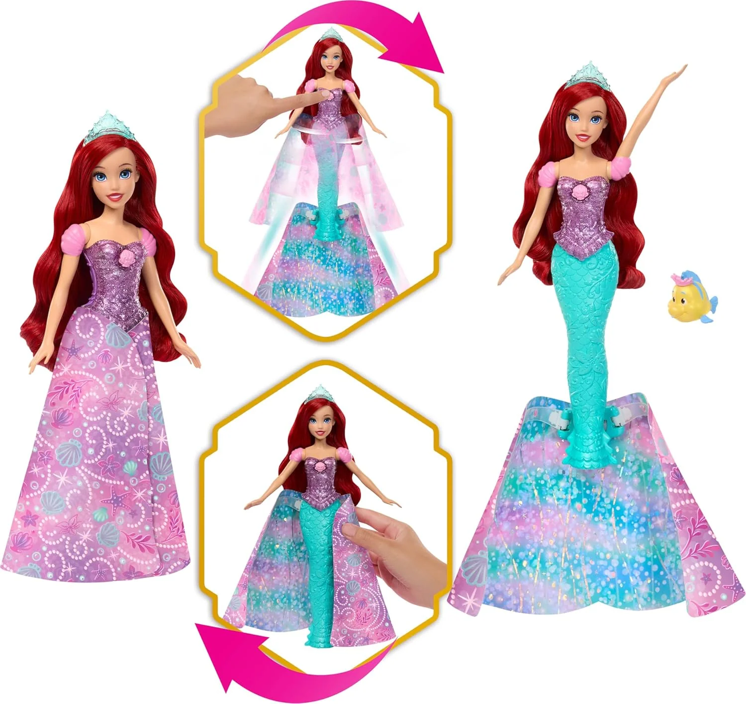 Mattel Disney Princess Arielle-Modepuppe, Verwandlung von Mensch zu Meerjungfrau mit Fabius-Figur und 2 Diademen, vom Film inspiriert, JLK19 - Image 5