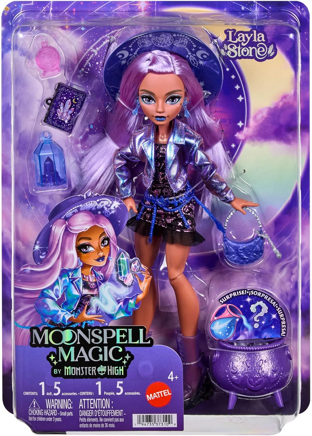 Monster High Doll, Moonspell Magic Layla Stone The Crystal Witch with Cauldron Surprise & Accessories like Potion Bottle & Spellbook, JMB90 - Image 7