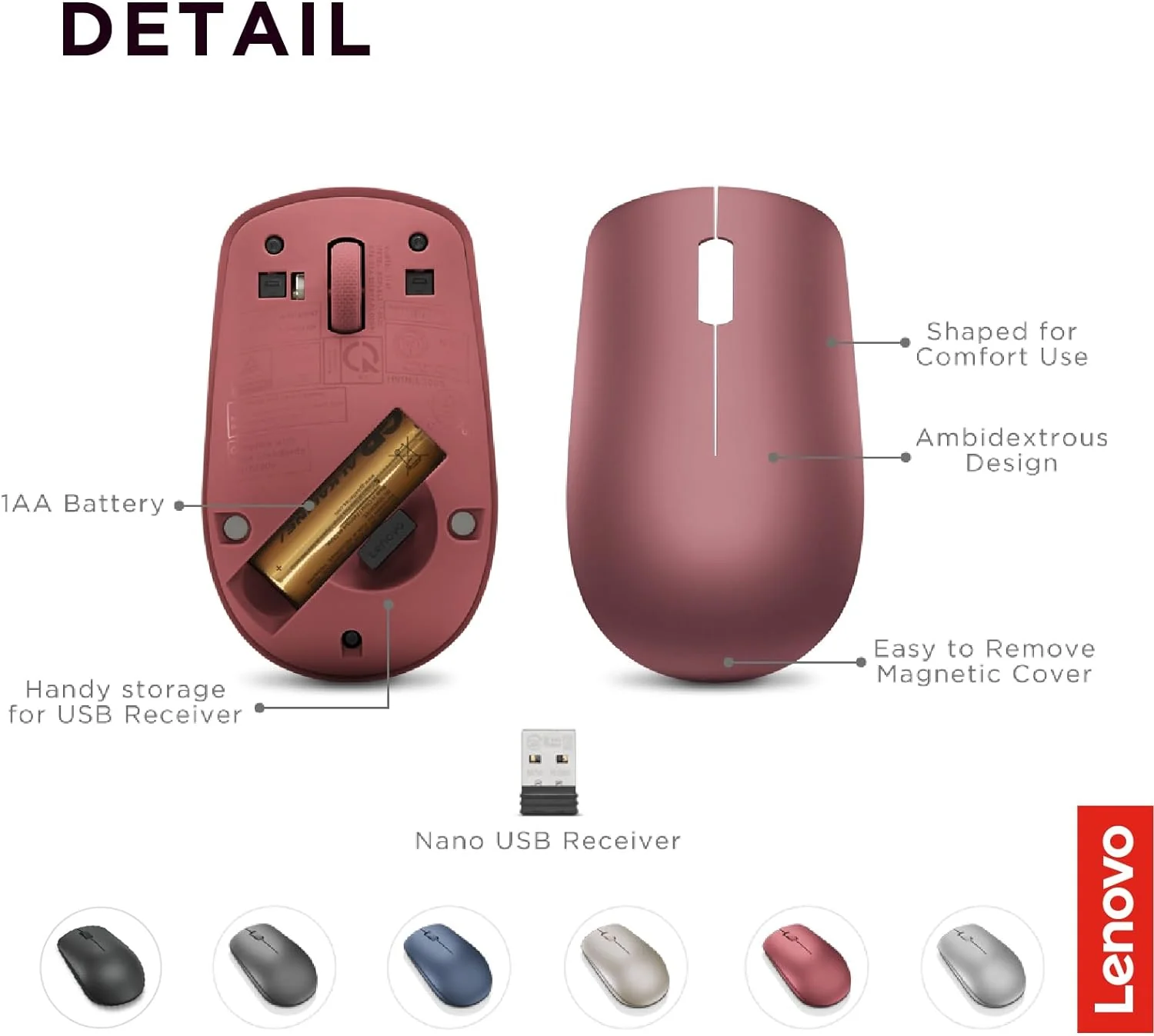 Lenovo 530 Wireless Mouse, Ambidextrous Design, Nano USB Connection, Compatible with Windows Laptops and PCs – - Image 4