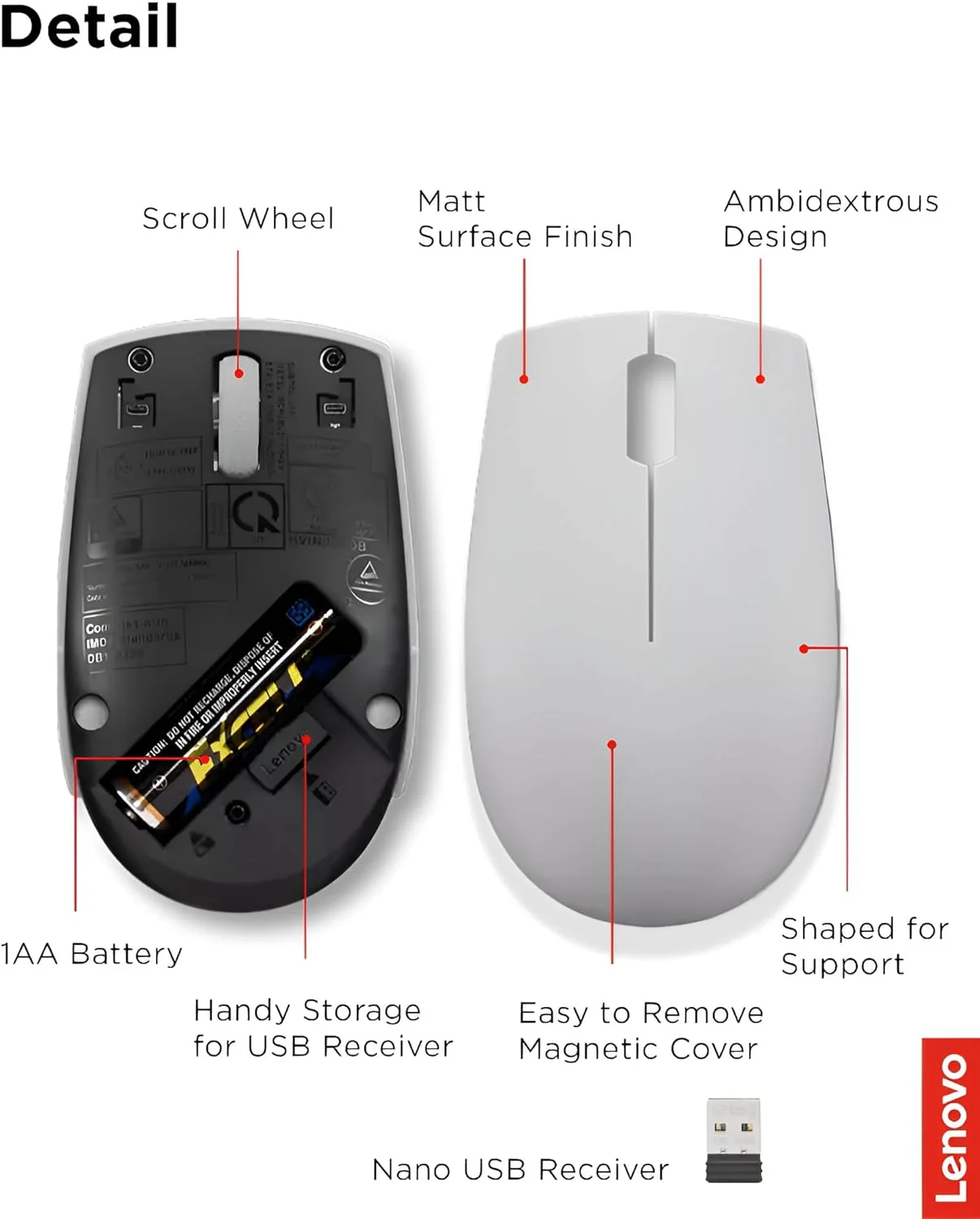 Lenovo 300 Mouse Wireless Compatto, Sensore Ottico 1000 DPI, 2,4 GHz, Ambidestro, Portatile per Laptop e PC, Arctic Grey - Image 4