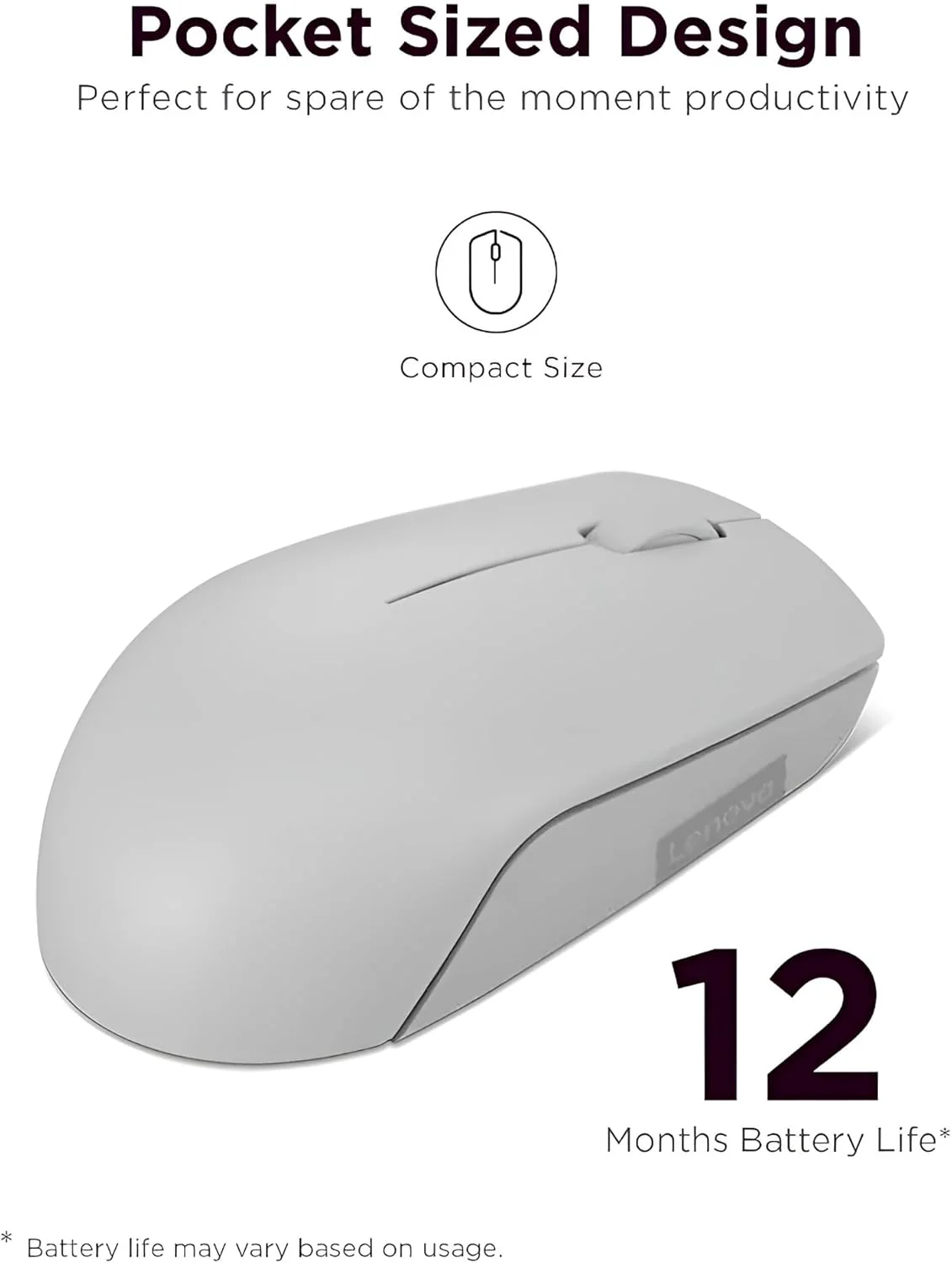 Lenovo 300 Mouse Wireless Compatto, Sensore Ottico 1000 DPI, 2,4 GHz, Ambidestro, Portatile per Laptop e PC, Arctic Grey - Image 6