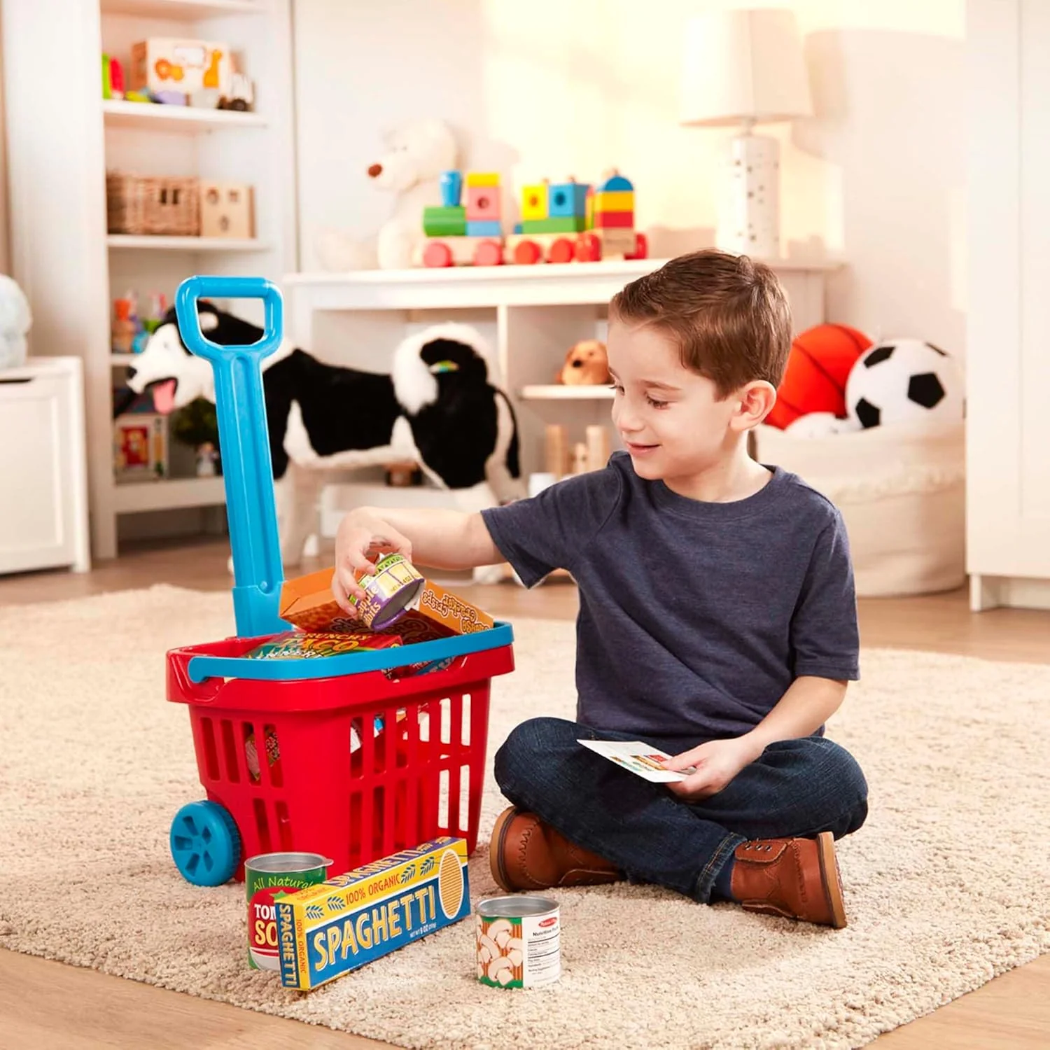 Melissa & Doug Fill and Roll Grocery Basket Play Set With Play Food Boxes and Cans (11 pcs), Play Kitchen Toy Food Ages 3+ - Image 3