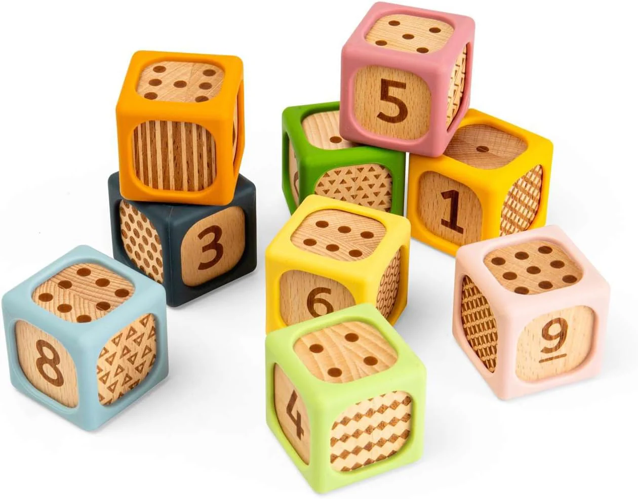 Bigjigs Toys Zachte sorteerblokken | Siliconen en houten babyblokset | Montessori stapelkubussen voor baby's | Zachte bouwkubussets met cijfers | Vroeg leren stapelspeelgoedset voor kinderen vanaf 6 - Image 5