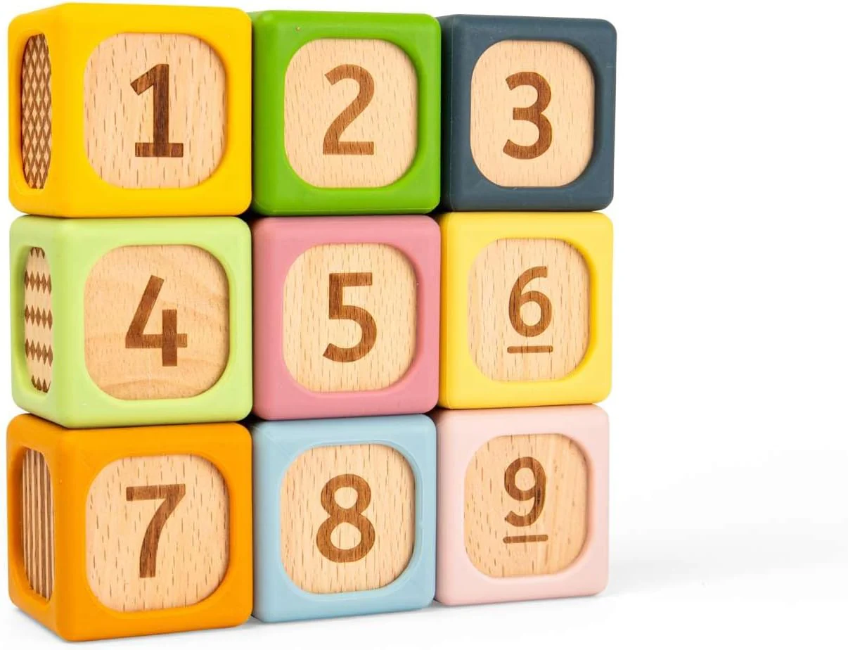 Bigjigs Toys Zachte sorteerblokken | Siliconen en houten babyblokset | Montessori stapelkubussen voor baby's | Zachte bouwkubussets met cijfers | Vroeg leren stapelspeelgoedset voor kinderen vanaf 6 - Image 6