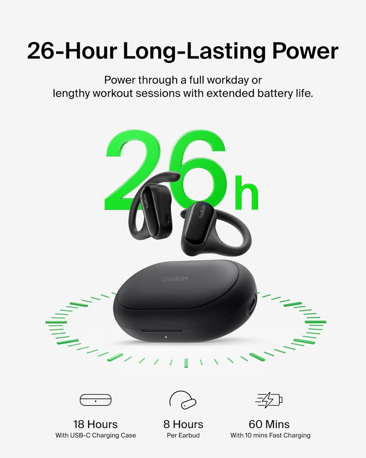 Belkin SoundForm ClearFit Open-Ear Headphones, lightweight wireless earphones with ENC, Bluetooth earbuds with ear hooks, clear calls, 26H playtime, IPX5 running and gym headphones for sports - Image 7