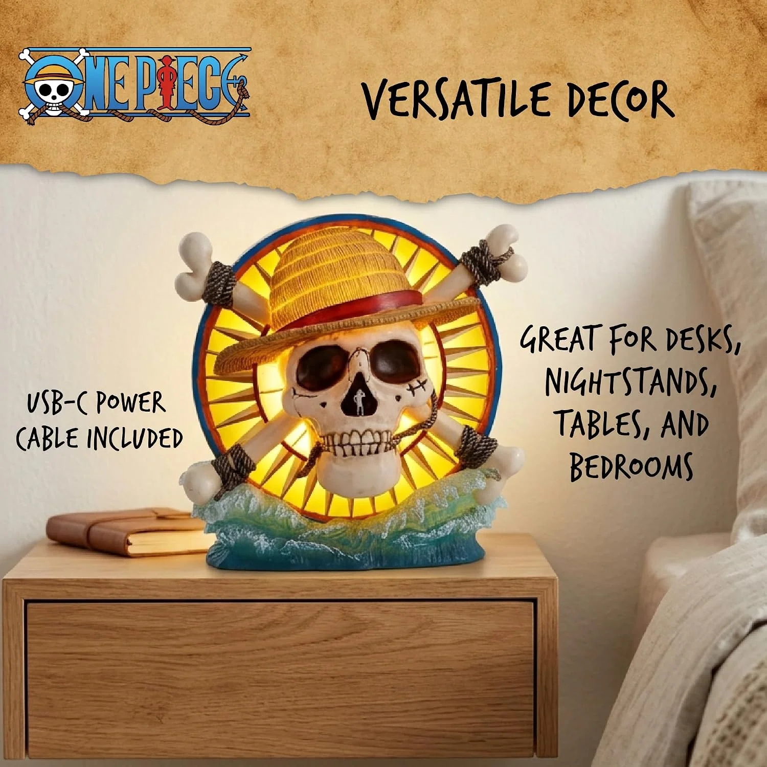 Nemesis Now Luffy Jolly Roger LED-lamp uit één stuk - officieel gelicentieerde handgeschilderde USB-C strohoed piratenhars bureaulamp met omgekeerde kaart, 20,2 cm - Image 6