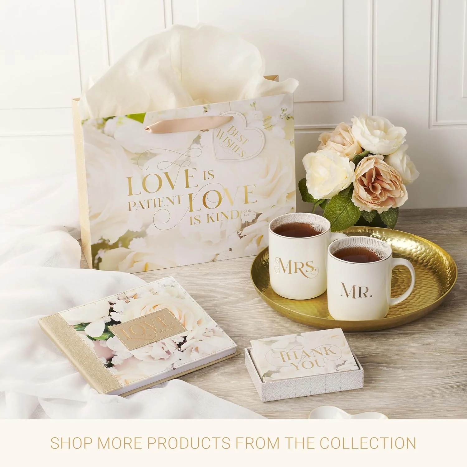 Christian Art Gifts Large Landscape Inspirational Scripture Gift Bag, Tag & Tissue Wrapping Paper Set for Wedding Presents: Love is Kind Encouraging Bible Verse, Satin Ribbon Handles, Beige Floral - Image 2