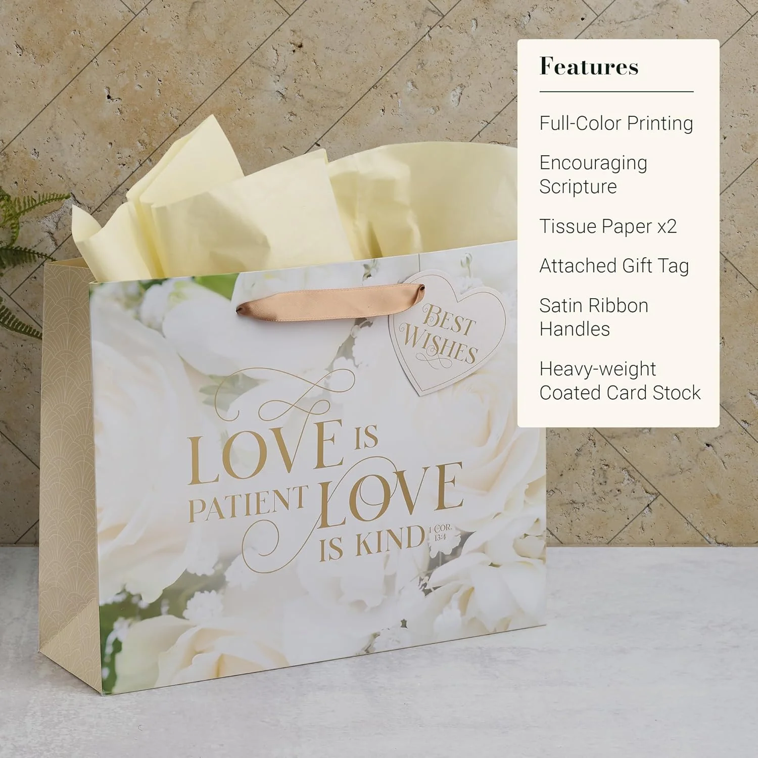 Christian Art Gifts Large Landscape Inspirational Scripture Gift Bag, Tag & Tissue Wrapping Paper Set for Wedding Presents: Love is Kind Encouraging Bible Verse, Satin Ribbon Handles, Beige Floral - Image 4
