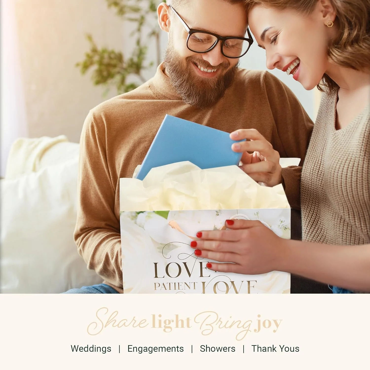 Christian Art Gifts Large Landscape Inspirational Scripture Gift Bag, Tag & Tissue Wrapping Paper Set for Wedding Presents: Love is Kind Encouraging Bible Verse, Satin Ribbon Handles, Beige Floral - Image 5
