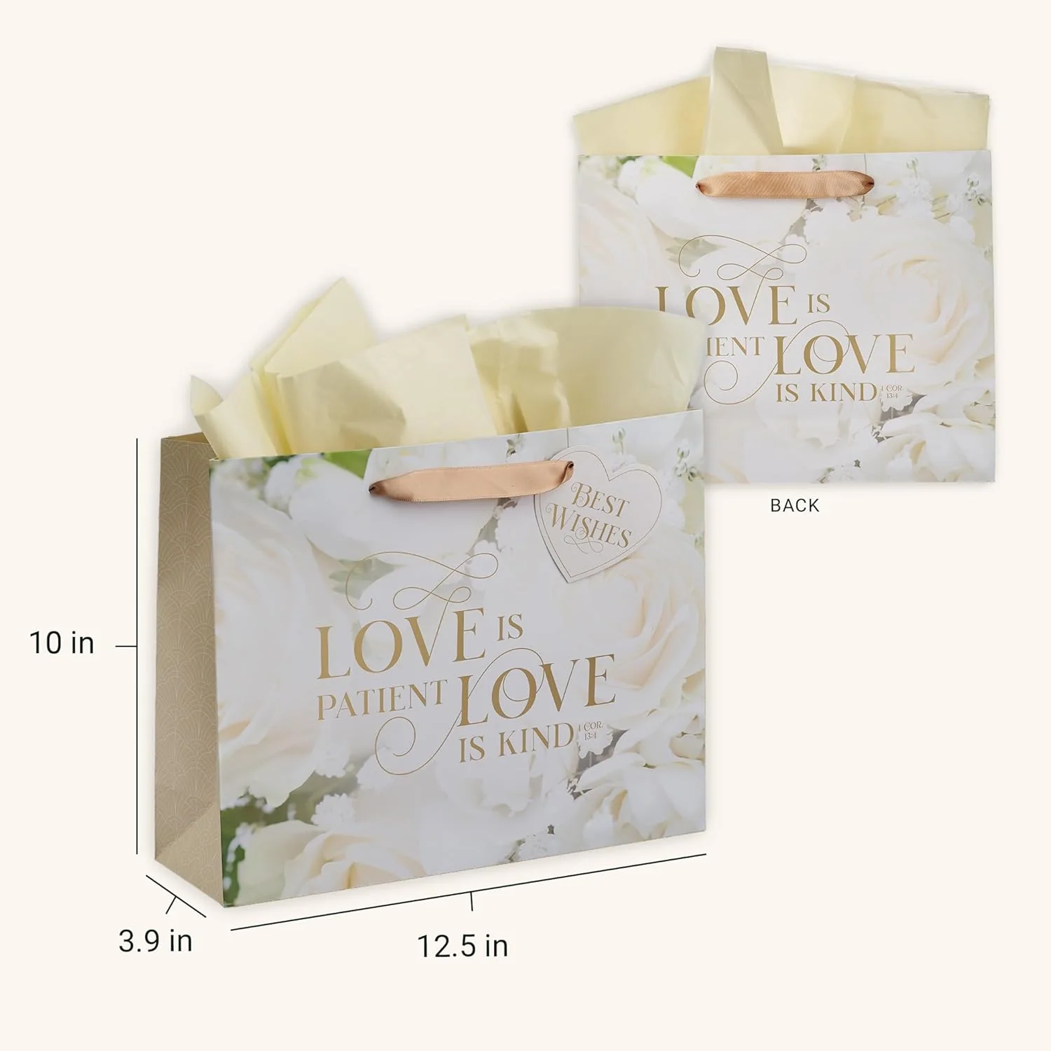 Christian Art Gifts Large Landscape Inspirational Scripture Gift Bag, Tag & Tissue Wrapping Paper Set for Wedding Presents: Love is Kind Encouraging Bible Verse, Satin Ribbon Handles, Beige Floral - Image 6