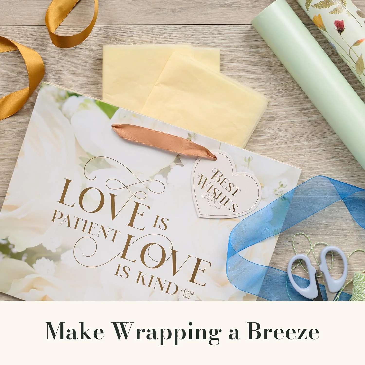Christian Art Gifts Large Landscape Inspirational Scripture Gift Bag, Tag & Tissue Wrapping Paper Set for Wedding Presents: Love is Kind Encouraging Bible Verse, Satin Ribbon Handles, Beige Floral - Image 7