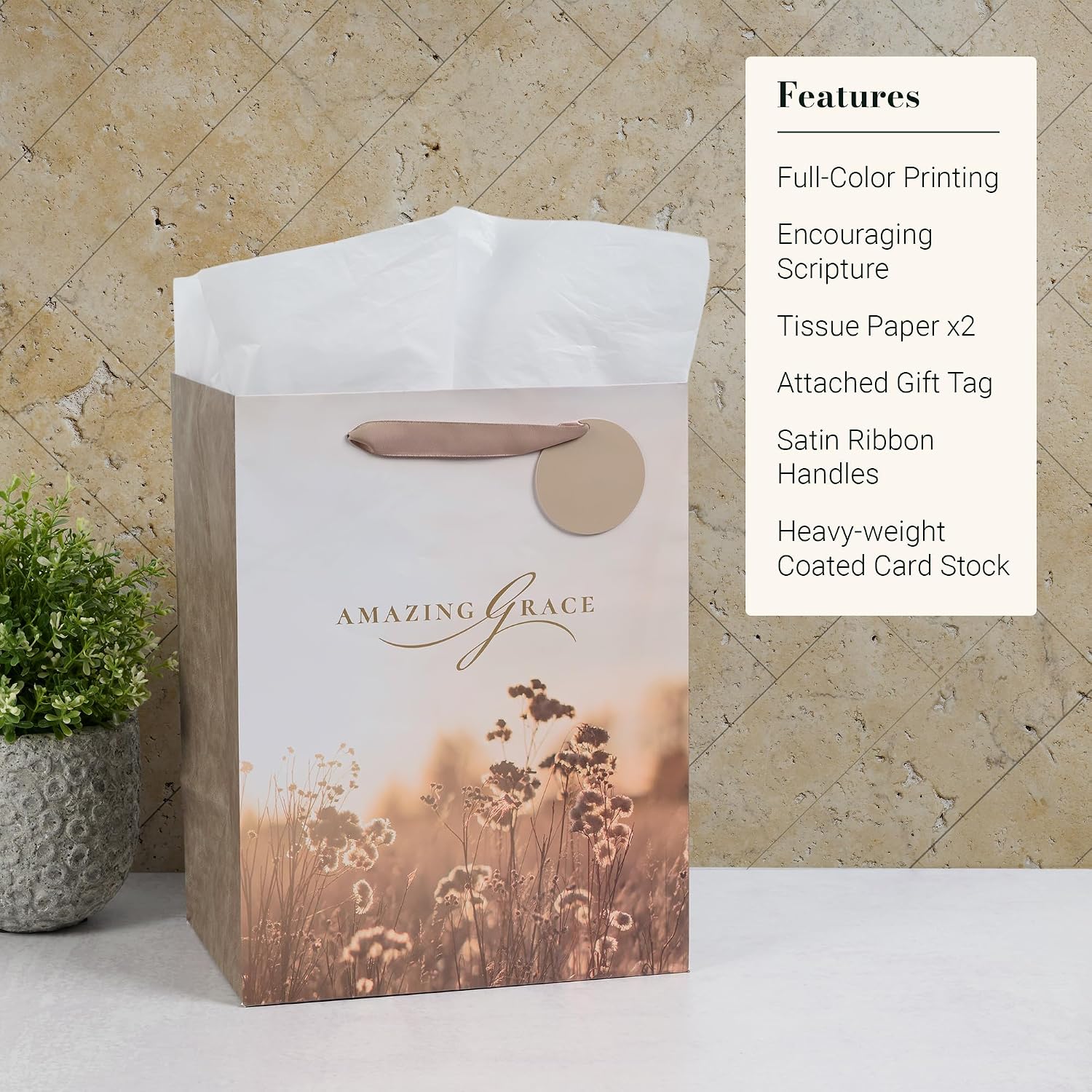 Christian Art Gifts Large Portrait Inspirational Gift Bag, Tag & Wrapping Tissue Paper Set for Women: Amazing Grace Encouraging Message, Satin Handles, Taupe - Image 3