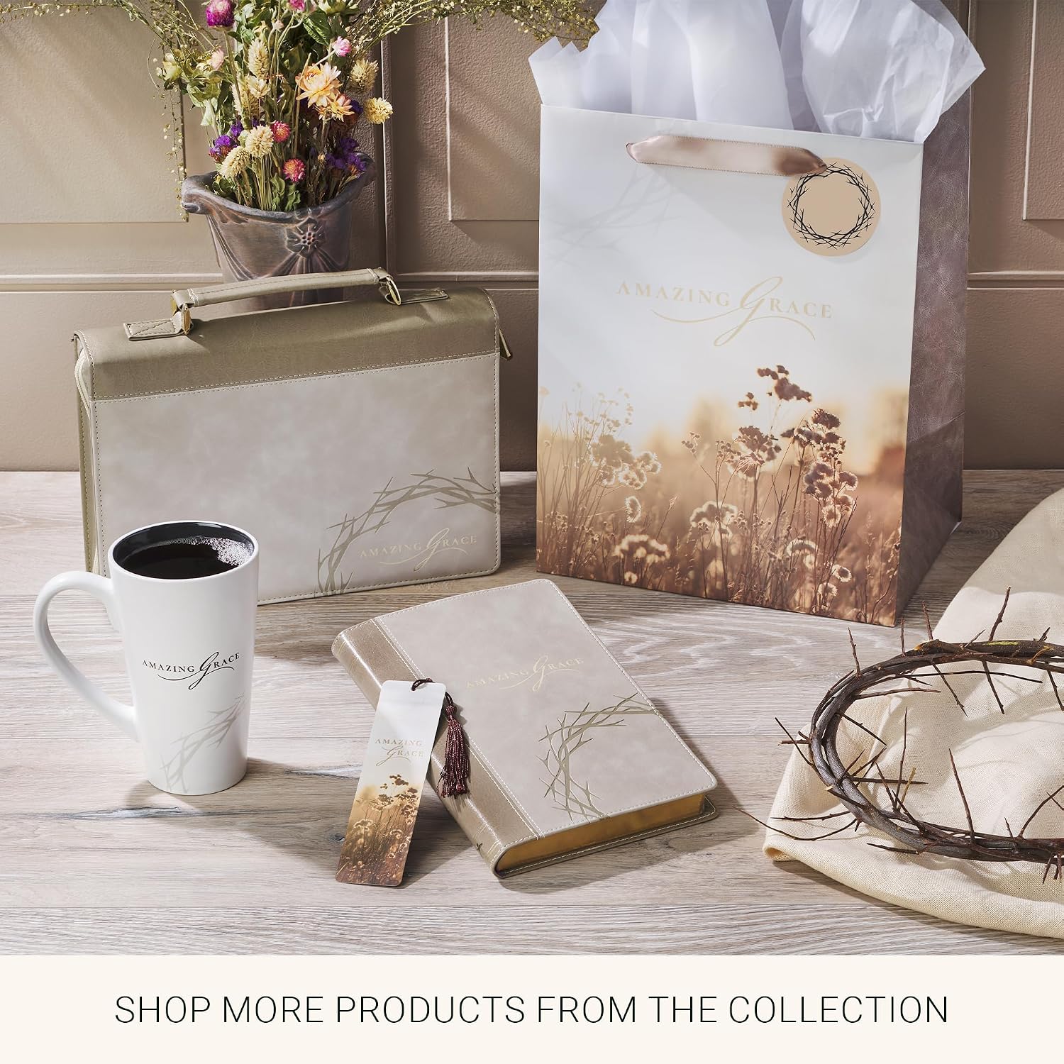 Christian Art Gifts Large Portrait Inspirational Gift Bag, Tag & Wrapping Tissue Paper Set for Women: Amazing Grace Encouraging Message, Satin Handles, Taupe - Image 4