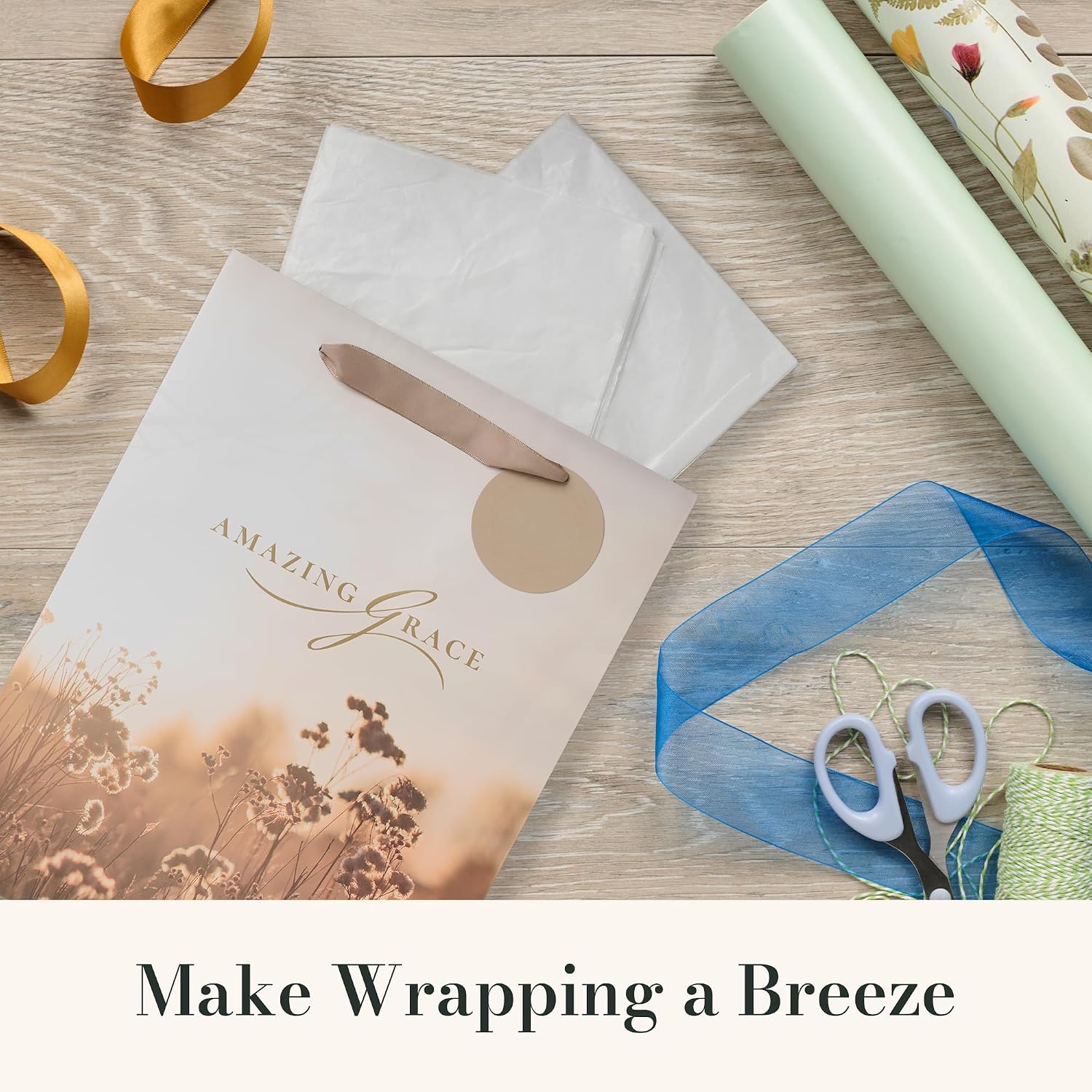 Christian Art Gifts Large Portrait Inspirational Gift Bag, Tag & Wrapping Tissue Paper Set for Women: Amazing Grace Encouraging Message, Satin Handles, Taupe - Image 5