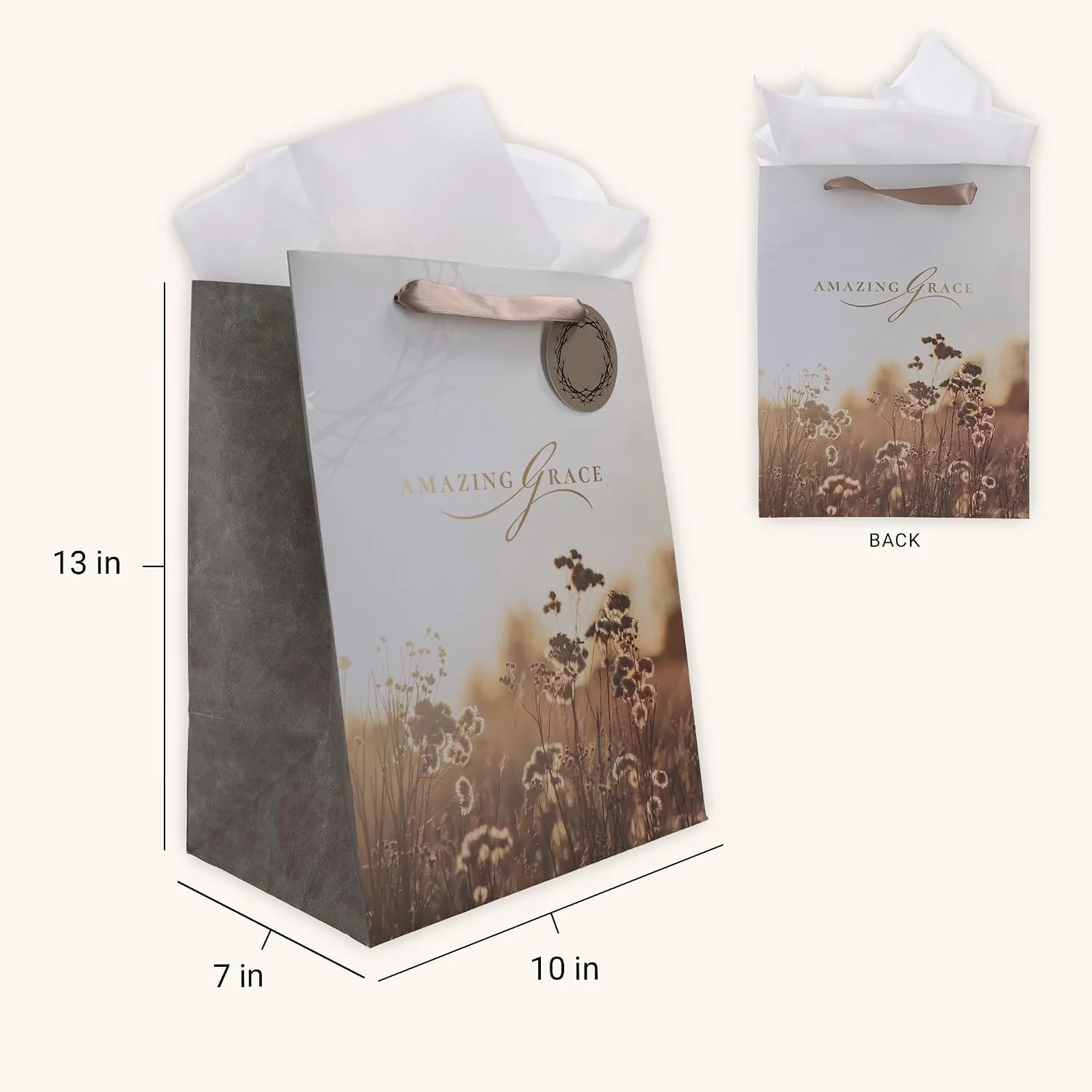 Christian Art Gifts Large Portrait Inspirational Gift Bag, Tag & Wrapping Tissue Paper Set for Women: Amazing Grace Encouraging Message, Satin Handles, Taupe - Image 6