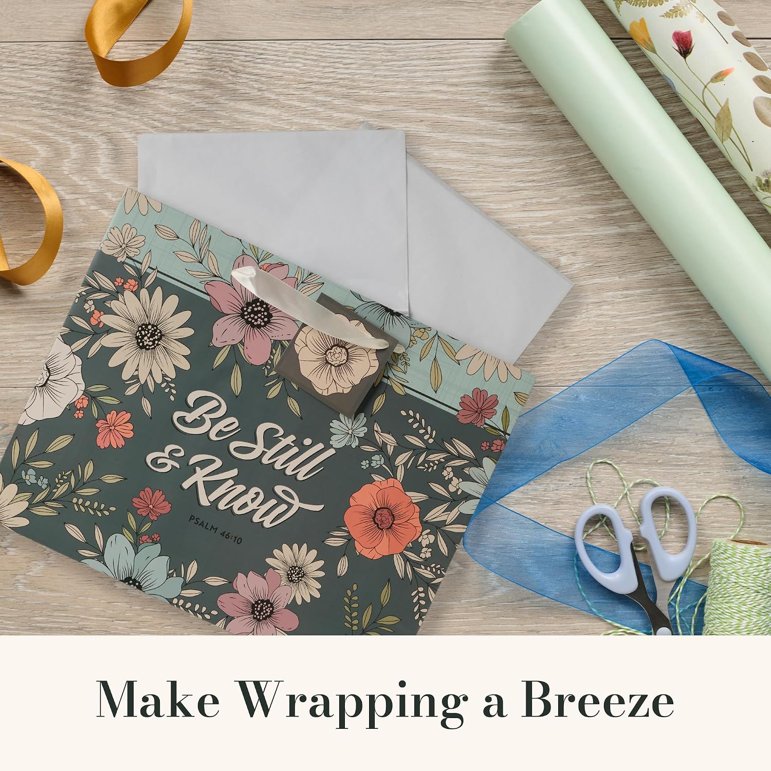 Christian Art Gifts Large Landscape Inspirational Scripture Gift Bag, Tag & Wrapping Tissue Paper Set for Women: Be Still Encouraging Bible Verse, Satin Handles, Teal - Image 3