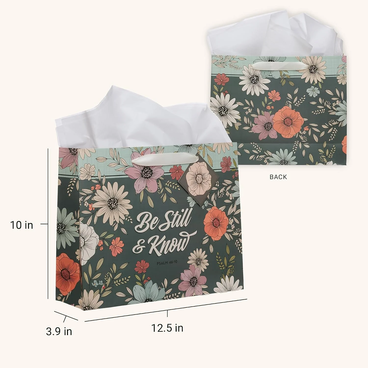 Christian Art Gifts Large Landscape Inspirational Scripture Gift Bag, Tag & Wrapping Tissue Paper Set for Women: Be Still Encouraging Bible Verse, Satin Handles, Teal - Image 5