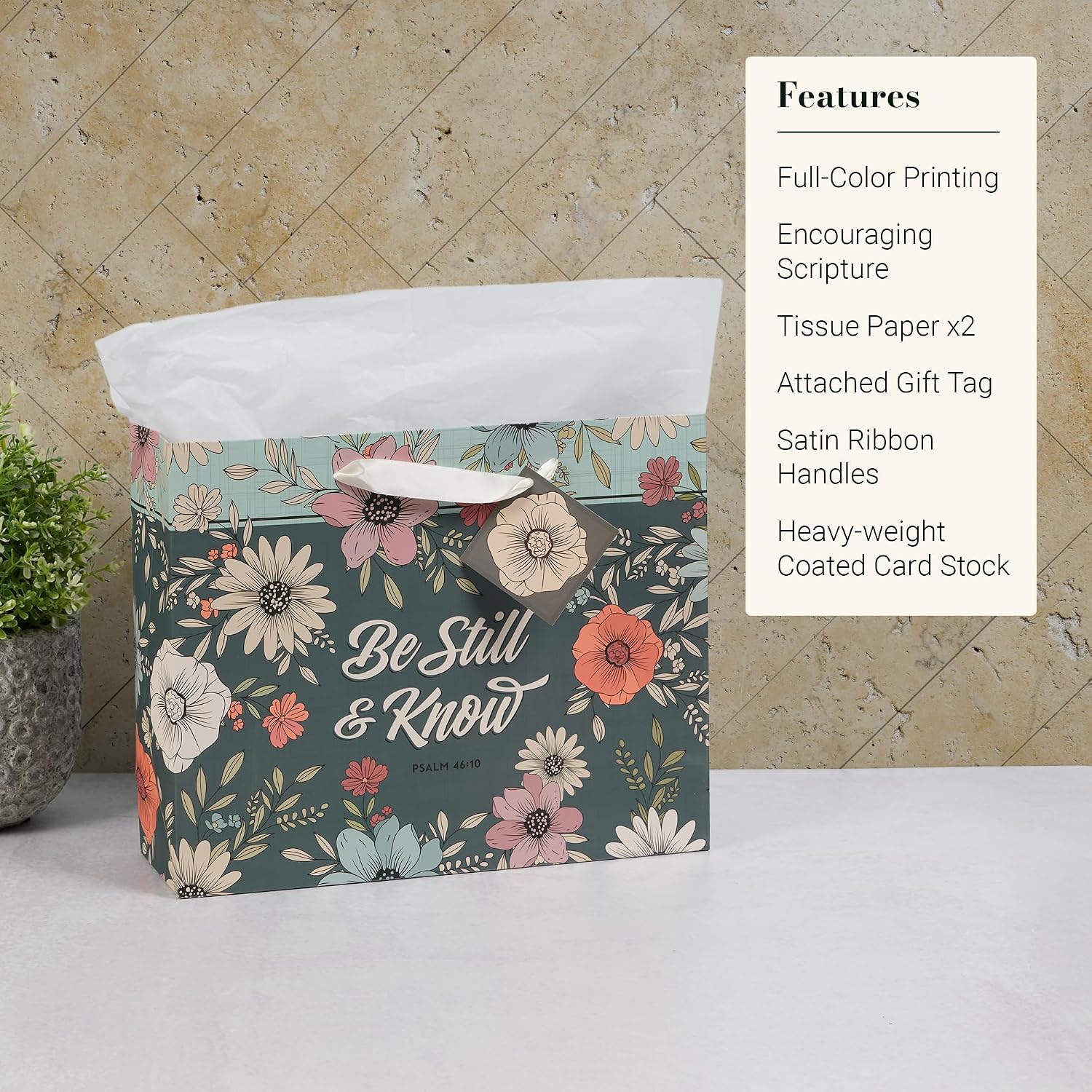 Christian Art Gifts Large Landscape Inspirational Scripture Gift Bag, Tag & Wrapping Tissue Paper Set for Women: Be Still Encouraging Bible Verse, Satin Handles, Teal - Image 6
