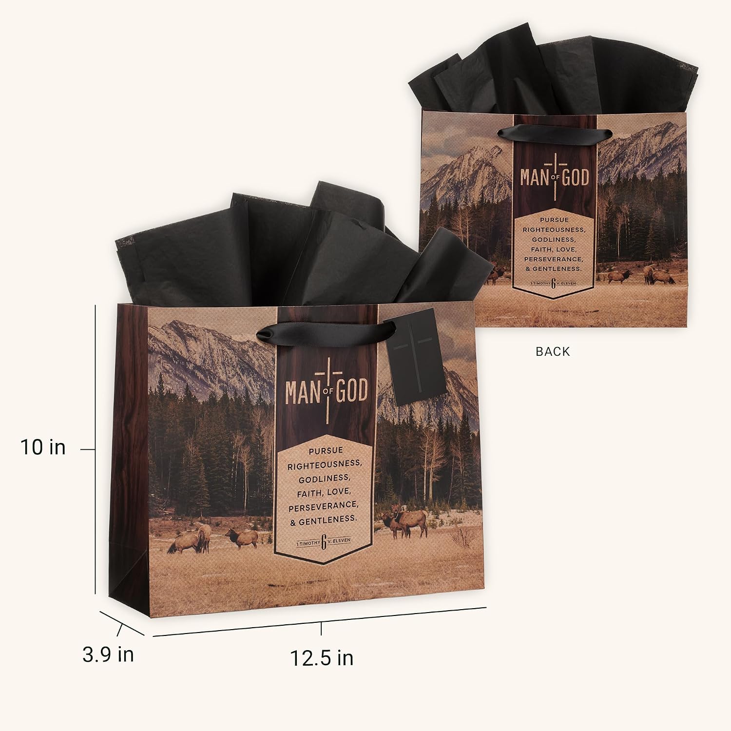 Christian Art Gifts Large Landscape Inspirational Scripture Gift Bag, Tag & Wrapping Tissue Paper Set for Men: Man of God Encouraging Bible Verse, Satin Handles, Brown - Image 2