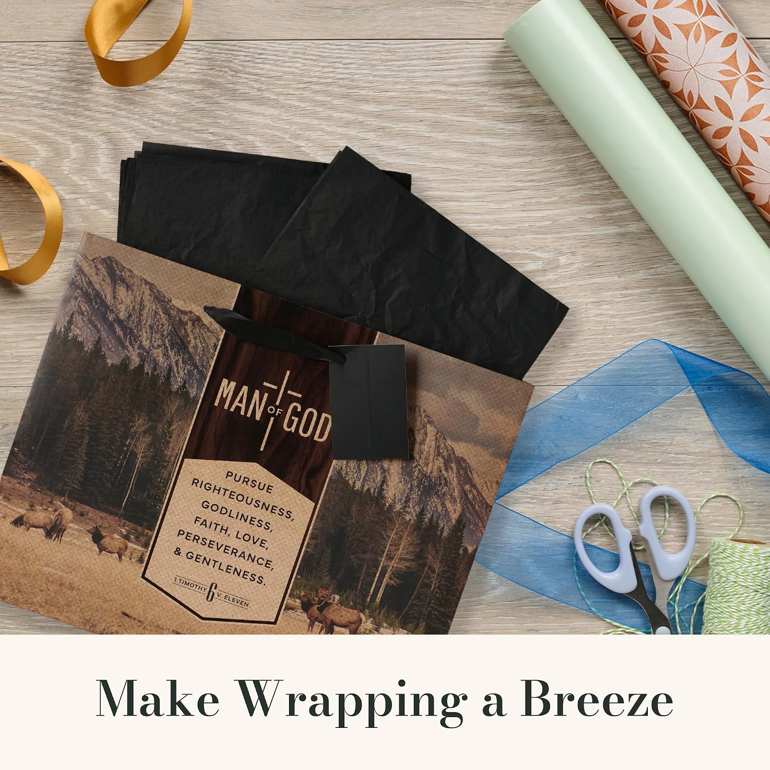 Christian Art Gifts Large Landscape Inspirational Scripture Gift Bag, Tag & Wrapping Tissue Paper Set for Men: Man of God Encouraging Bible Verse, Satin Handles, Brown - Image 4
