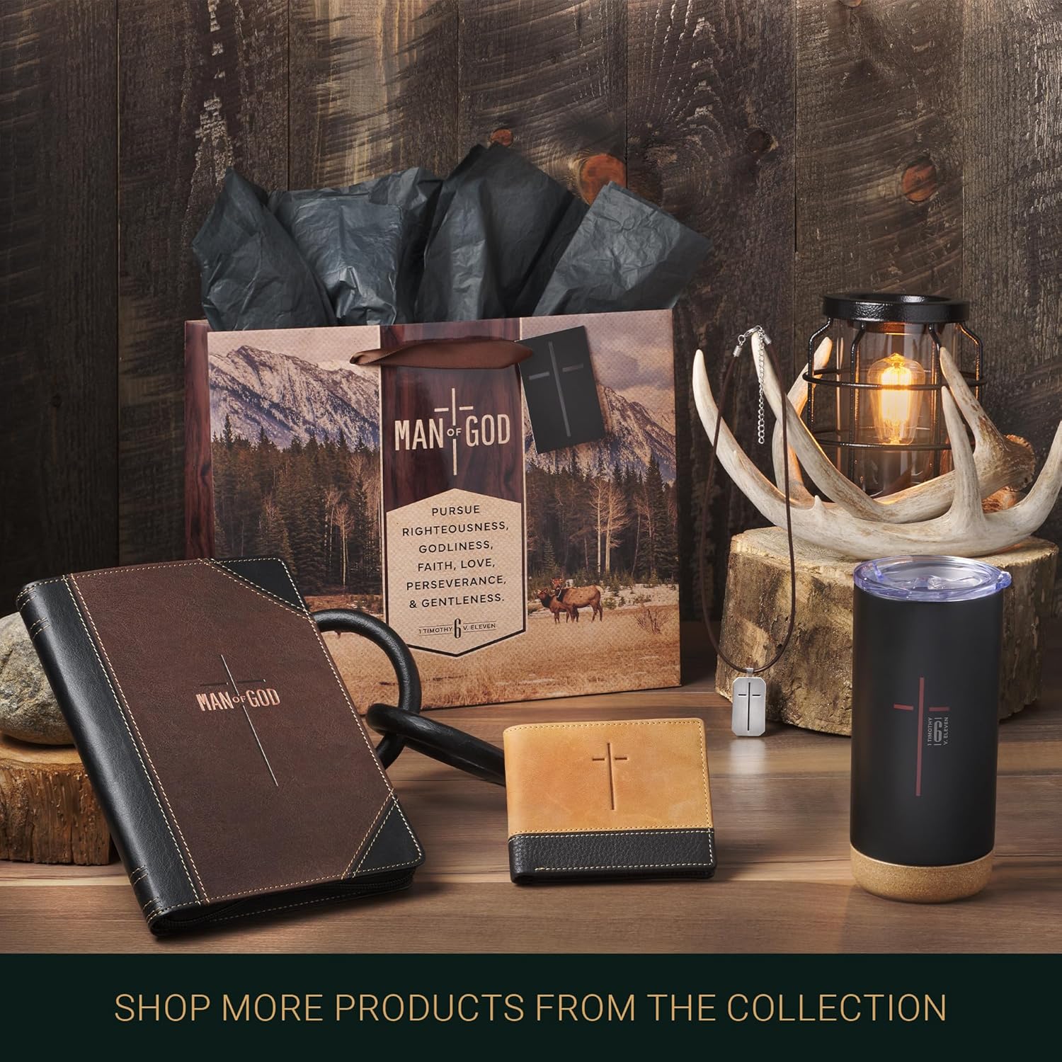 Christian Art Gifts Large Landscape Inspirational Scripture Gift Bag, Tag & Wrapping Tissue Paper Set for Men: Man of God Encouraging Bible Verse, Satin Handles, Brown - Image 5