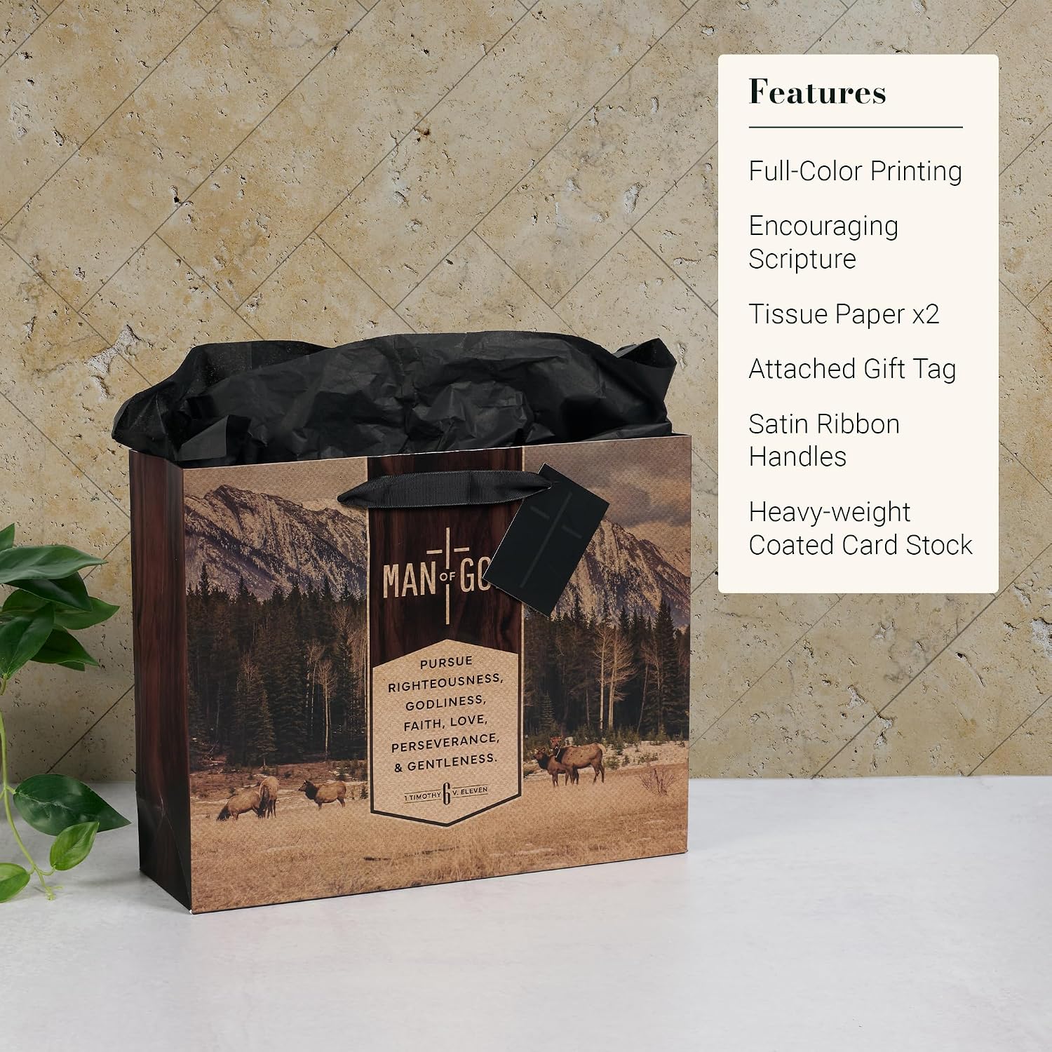 Christian Art Gifts Large Landscape Inspirational Scripture Gift Bag, Tag & Wrapping Tissue Paper Set for Men: Man of God Encouraging Bible Verse, Satin Handles, Brown - Image 6