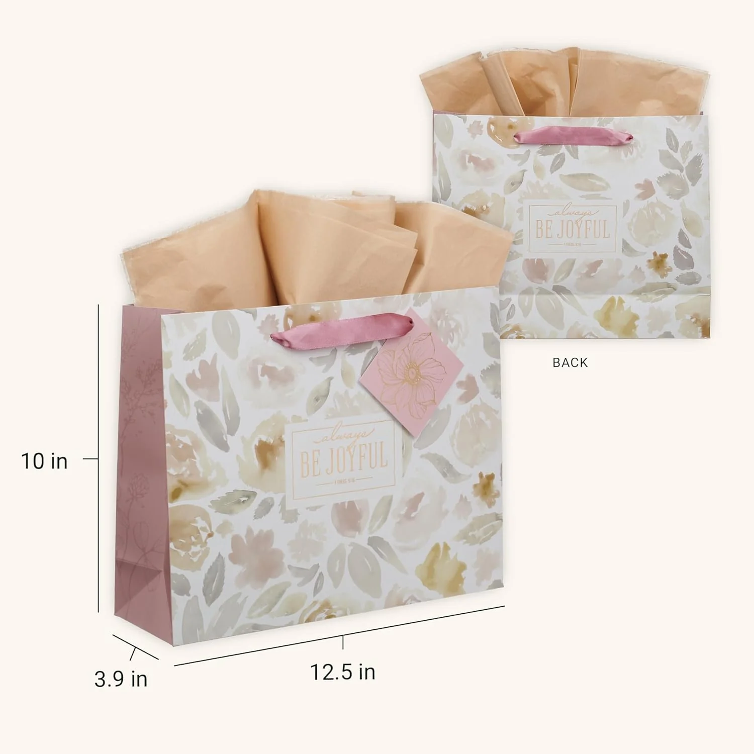 Christian Art Gifts Large Landscape Inspirational Scripture Gift Bag, Tag & Wrapping Tissue Paper Set for Women: Be Joyful Encouraging Bible Verse, Satin Handles, Purple - Image 3