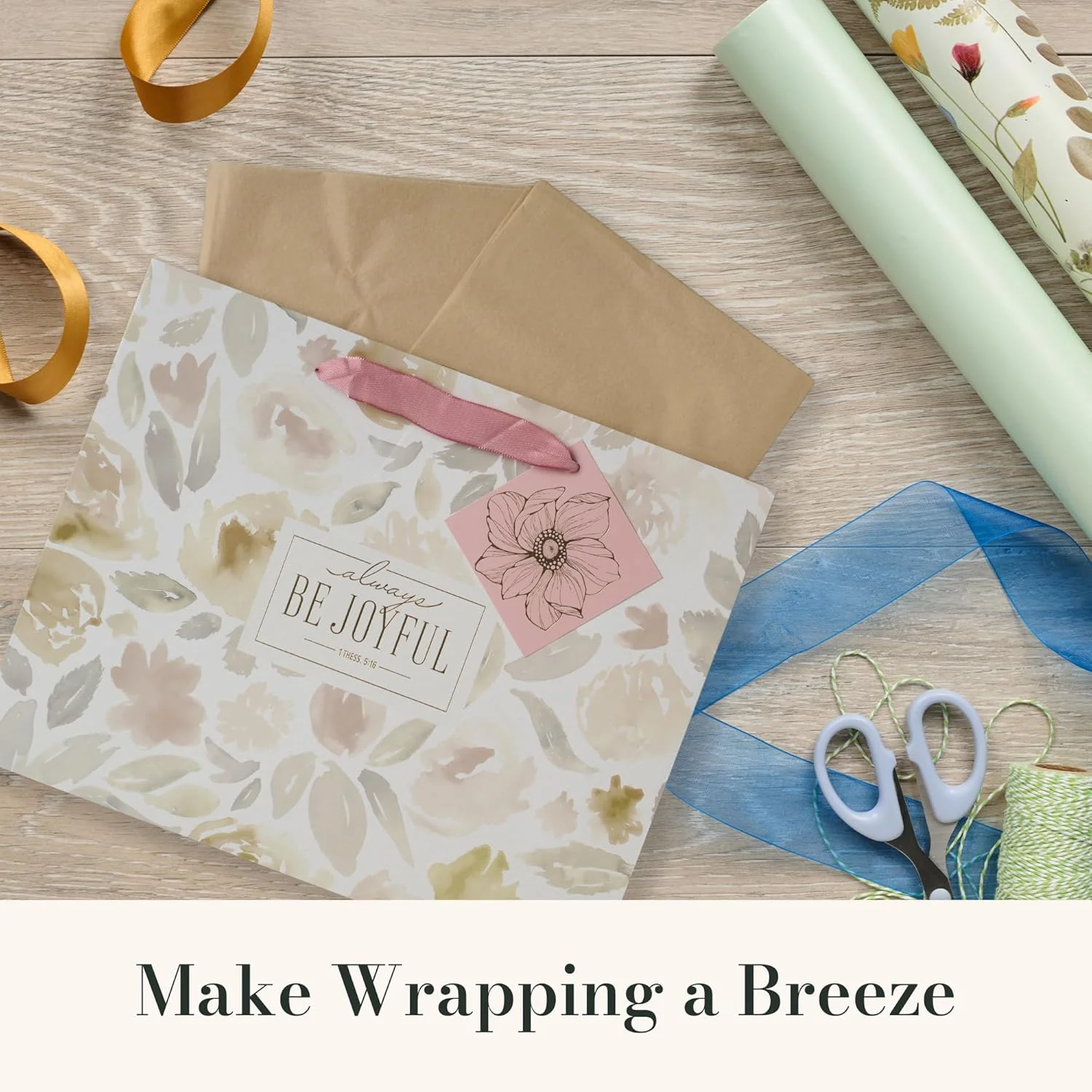 Christian Art Gifts Large Landscape Inspirational Scripture Gift Bag, Tag & Wrapping Tissue Paper Set for Women: Be Joyful Encouraging Bible Verse, Satin Handles, Purple - Image 4