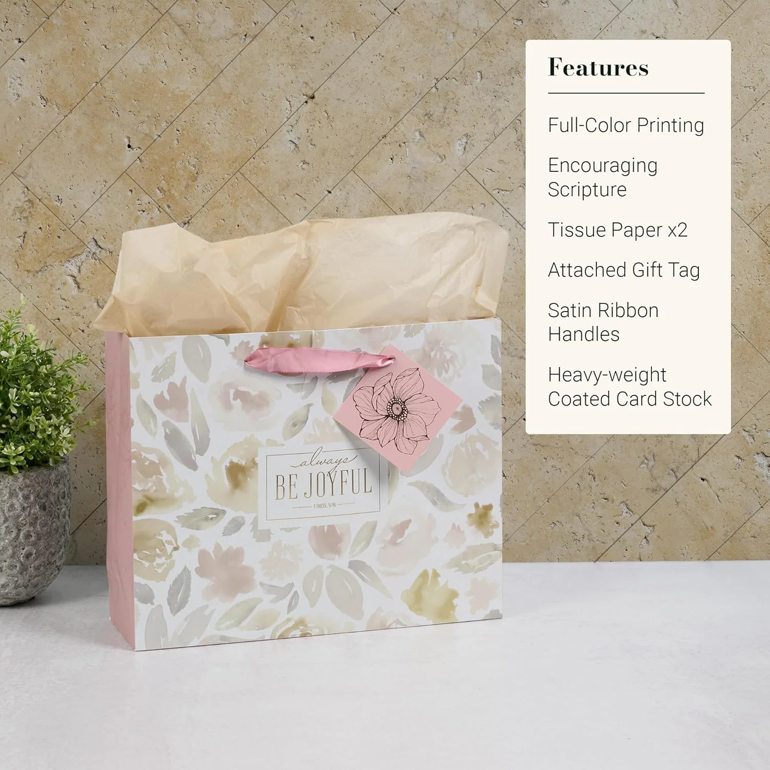 Christian Art Gifts Large Landscape Inspirational Scripture Gift Bag, Tag & Wrapping Tissue Paper Set for Women: Be Joyful Encouraging Bible Verse, Satin Handles, Purple - Image 7
