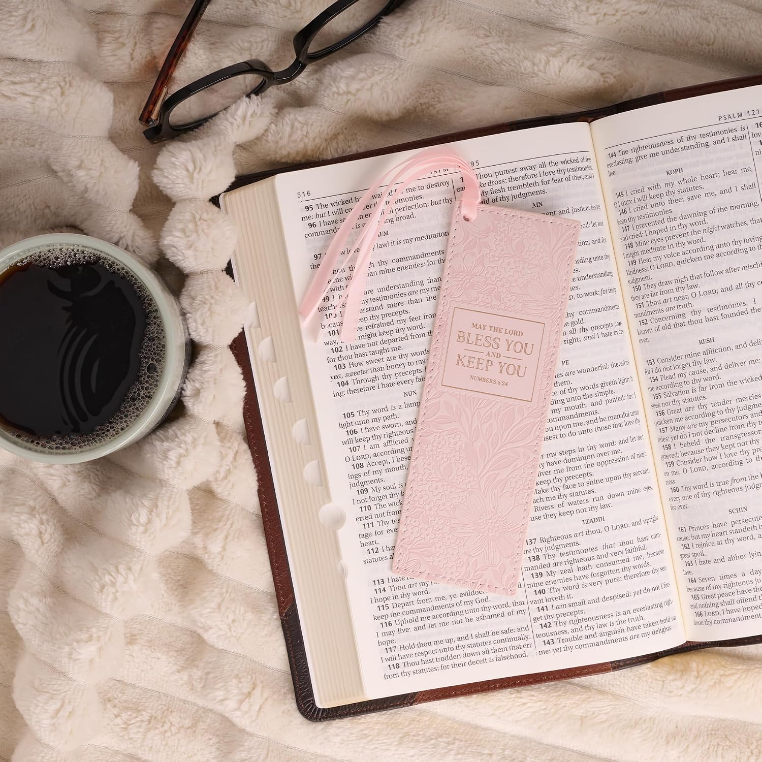 Christian Art Gifts Premium Vegan Leather Inspirational Scripture Bookmark for Women: Bless You & Keep You Encouraging Bible Verse, Pink Floral - Image 4