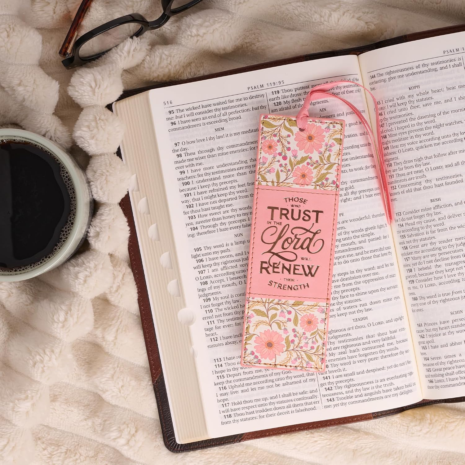 Christian Art Gifts Premium Vegan Leather Inspirational Scripture Bookmark for Women: Trust in The Lord Encouraging Bible Verse, Coral Floral - Image 3