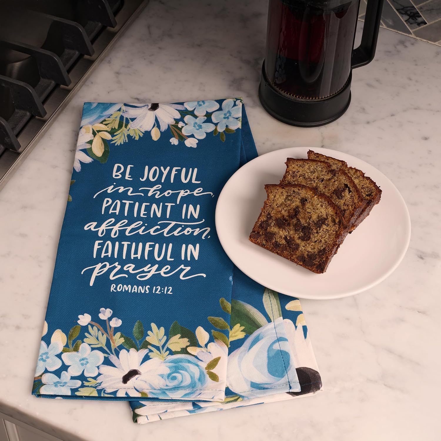 Christian Art Gifts Decorative Inspirational Scripture Tea Towel for Women: Be Joyful Encouraging Bible Verse, Home & Kitchen, 100% Cotton, Blue Floral, 30" x 20" - Image 3