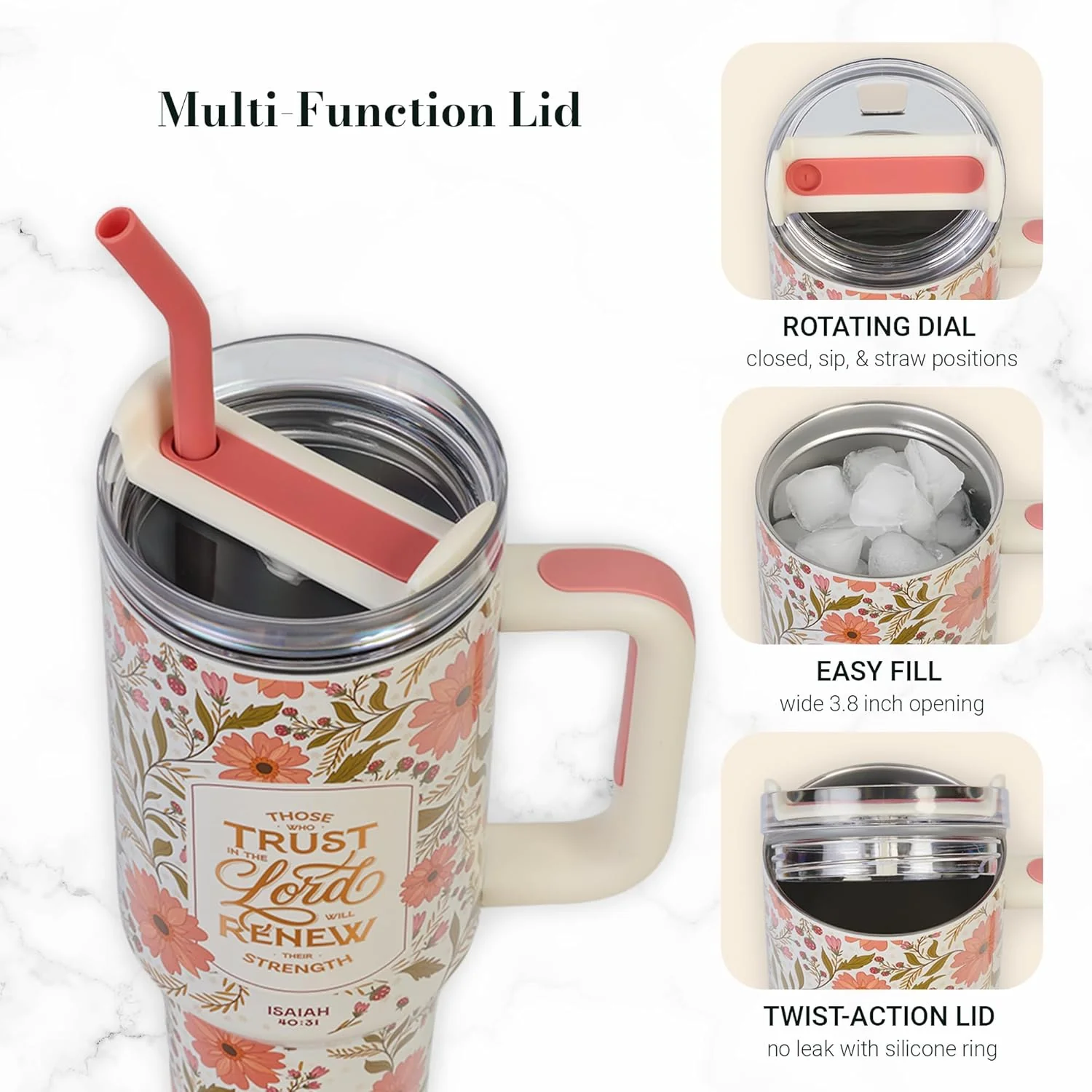 Christian Art Gifts Large Stainless Steel Insulated Travel Mug Tumbler for Women: Trust in the Lord Inspirational Scripture, Sturdy Handle, Reusable Straw, Flip Lid, White & Pink Floral, 18 oz. - Image 5