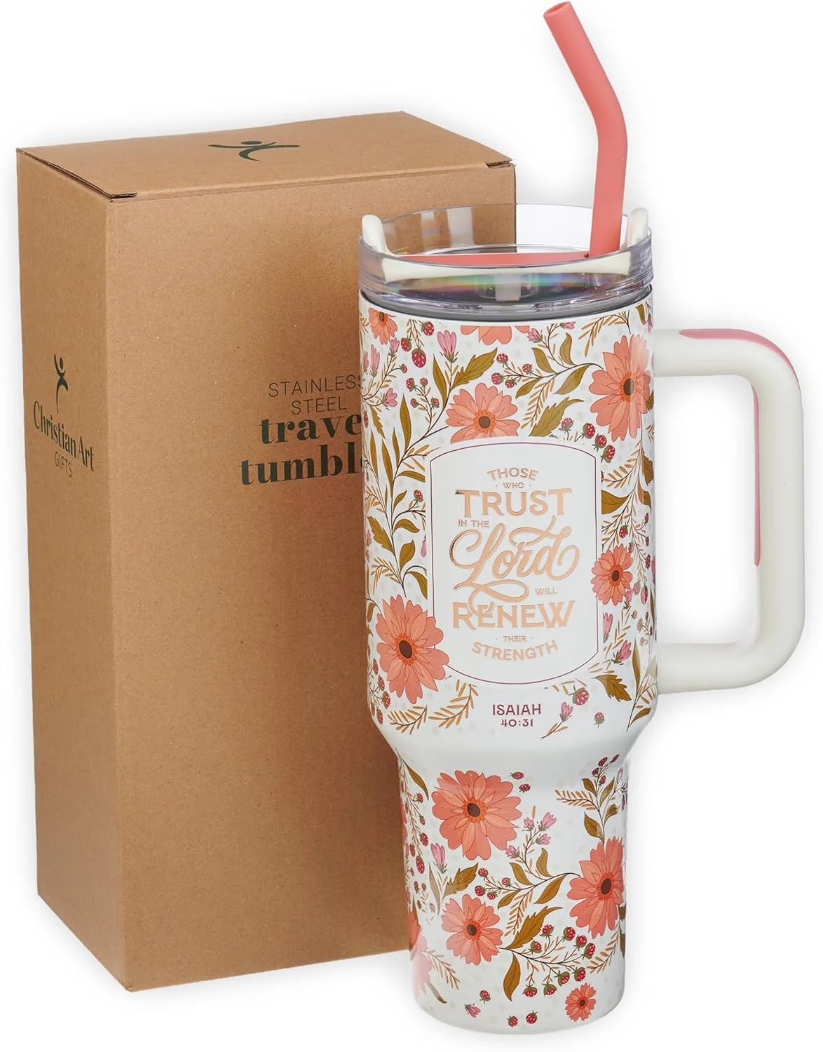 Christian Art Gifts Large Stainless Steel Insulated Travel Mug Tumbler for Women: Trust in the Lord Inspirational Scripture, Sturdy Handle, Reusable Straw, Flip Lid, White & Pink Floral, 18 oz. - Image 6