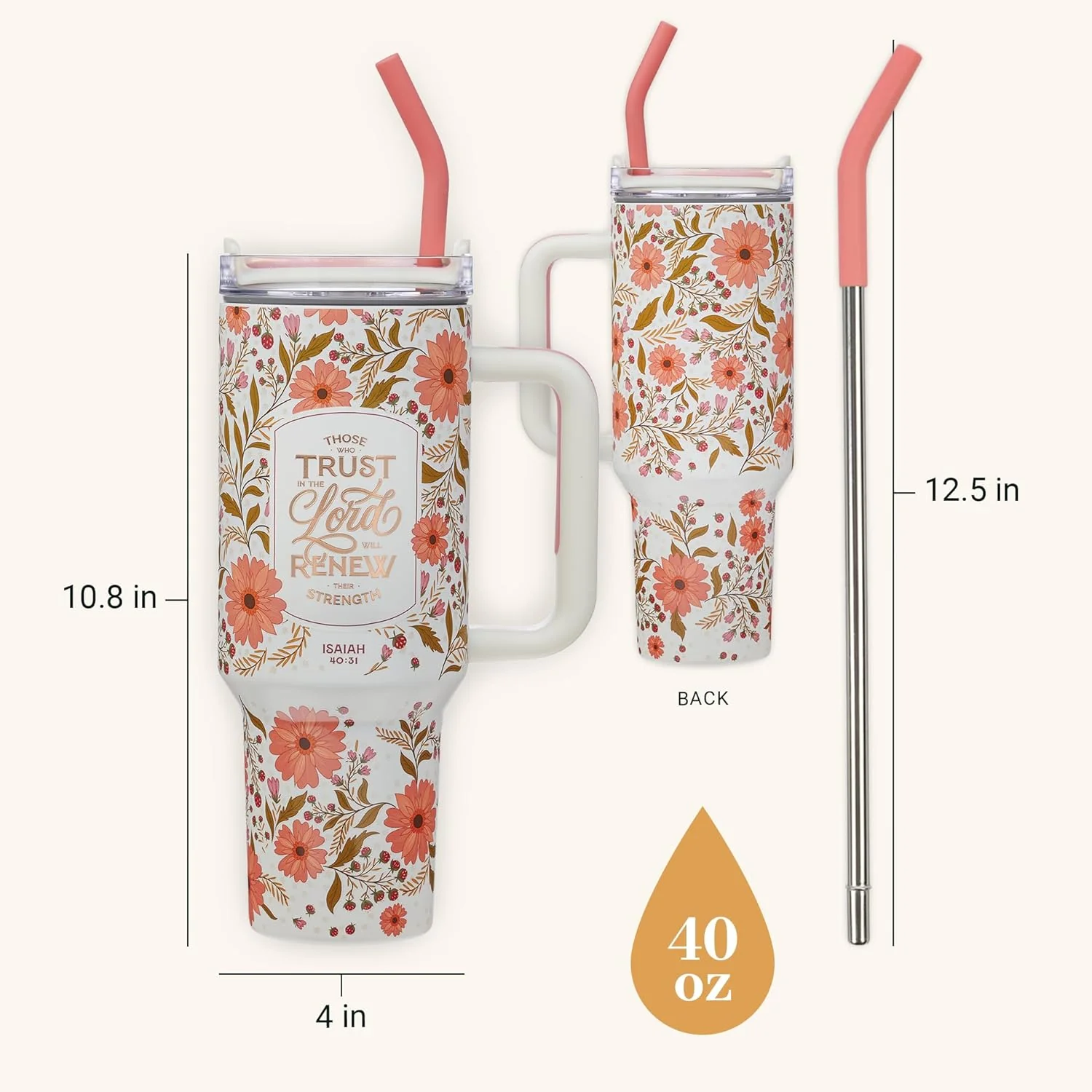 Christian Art Gifts Large Stainless Steel Insulated Travel Mug Tumbler for Women: Trust in the Lord Inspirational Scripture, Sturdy Handle, Reusable Straw, Flip Lid, White & Pink Floral, 18 oz. - Image 7