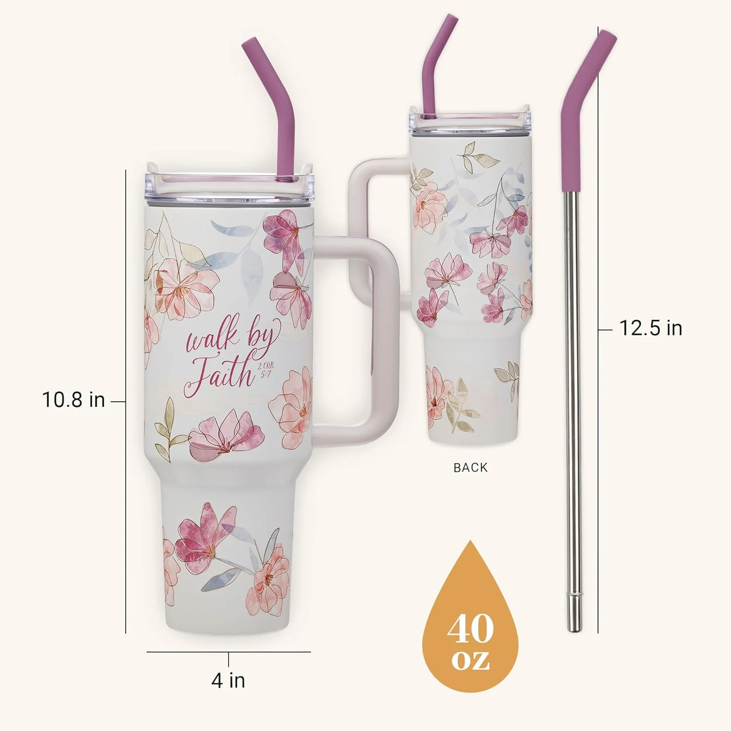 Christian Art Gifts Large Stainless Steel Insulated Travel Mug Tumbler for Women: Walk by Faith Inspirational Scripture, Sturdy Handle, Reusable Straw, Flip Lid, White & Purple Floral, 18 oz. - Image 2