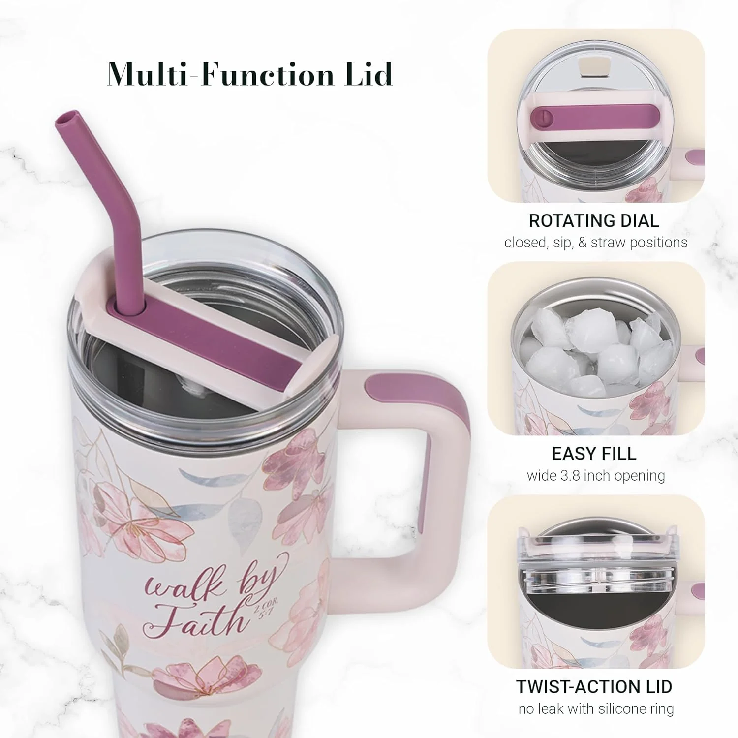 Christian Art Gifts Large Stainless Steel Insulated Travel Mug Tumbler for Women: Walk by Faith Inspirational Scripture, Sturdy Handle, Reusable Straw, Flip Lid, White & Purple Floral, 18 oz. - Image 4
