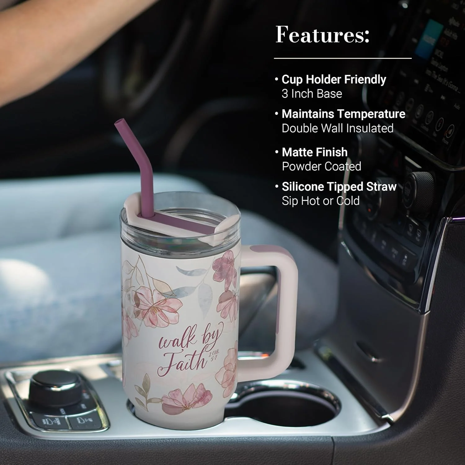 Christian Art Gifts Large Stainless Steel Insulated Travel Mug Tumbler for Women: Walk by Faith Inspirational Scripture, Sturdy Handle, Reusable Straw, Flip Lid, White & Purple Floral, 18 oz. - Image 5